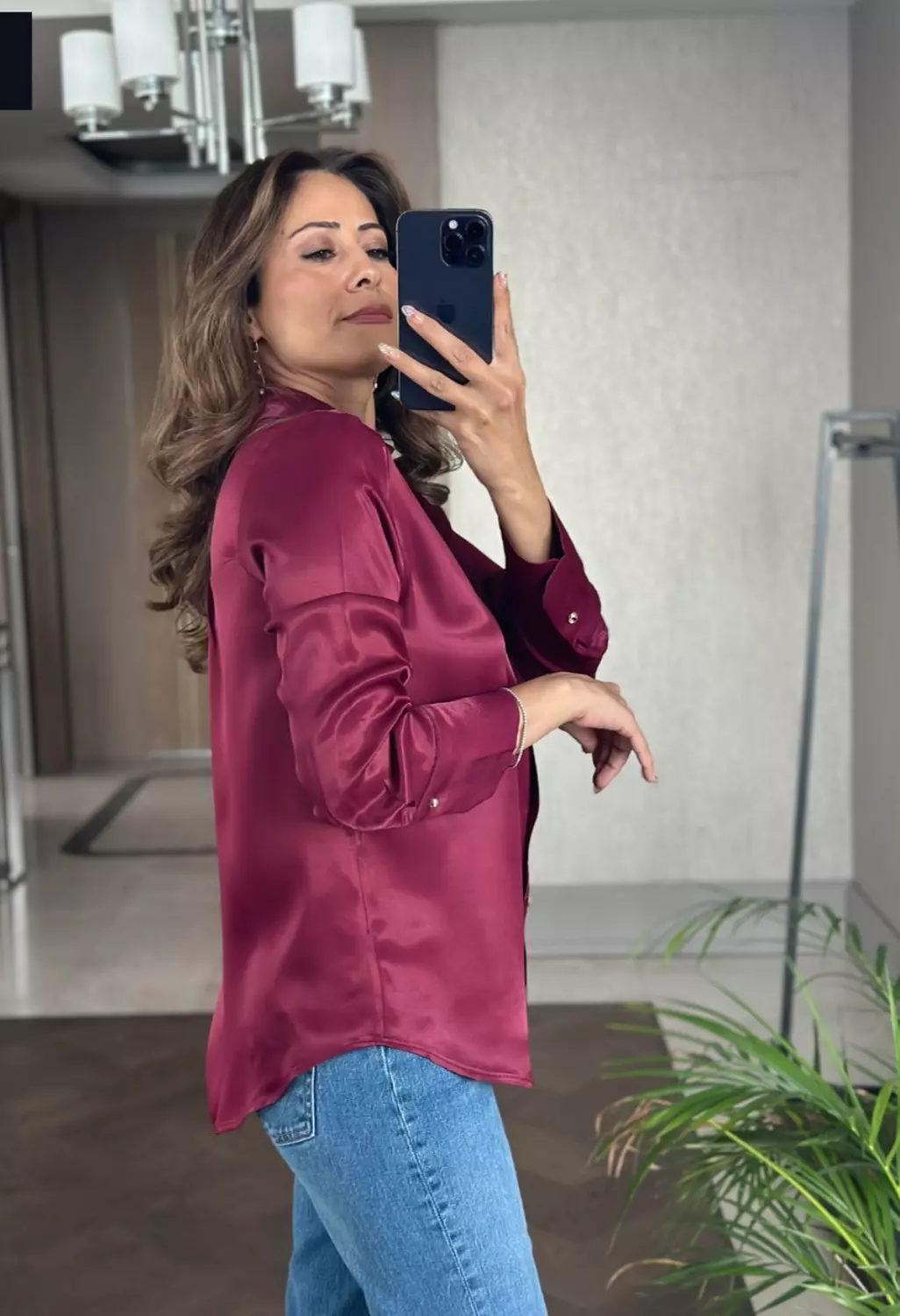 Burgundy satin shirt with gold buttons  2
