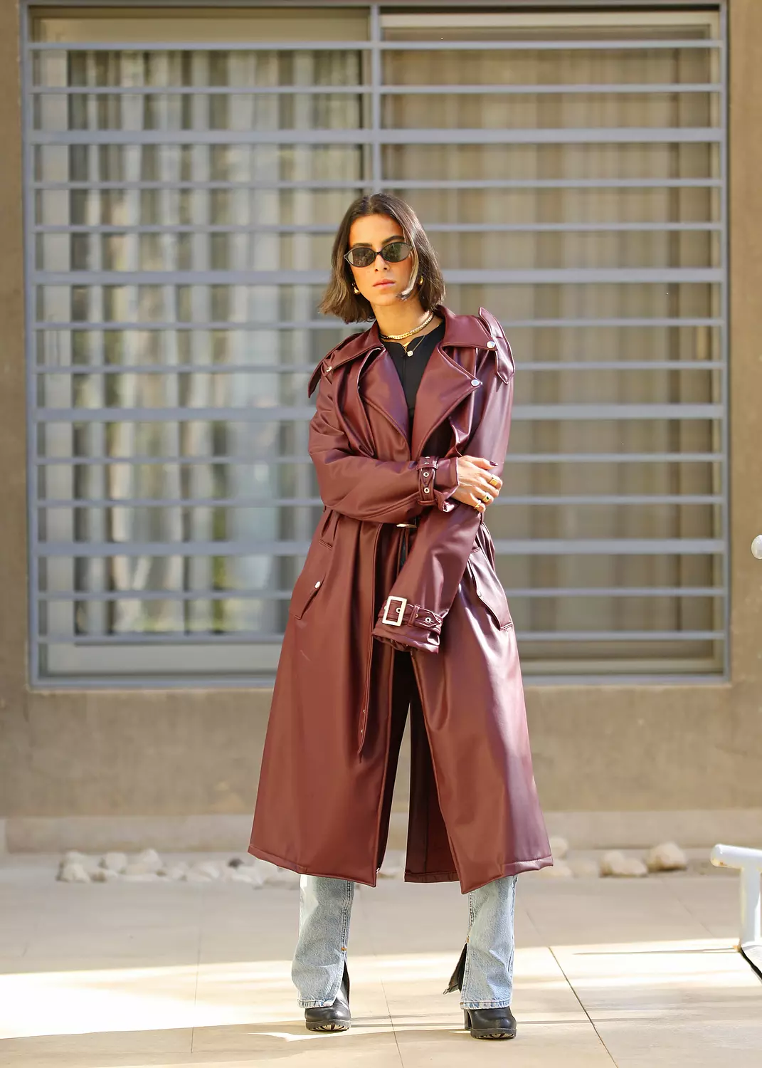 burgundy leather trench coat hover image