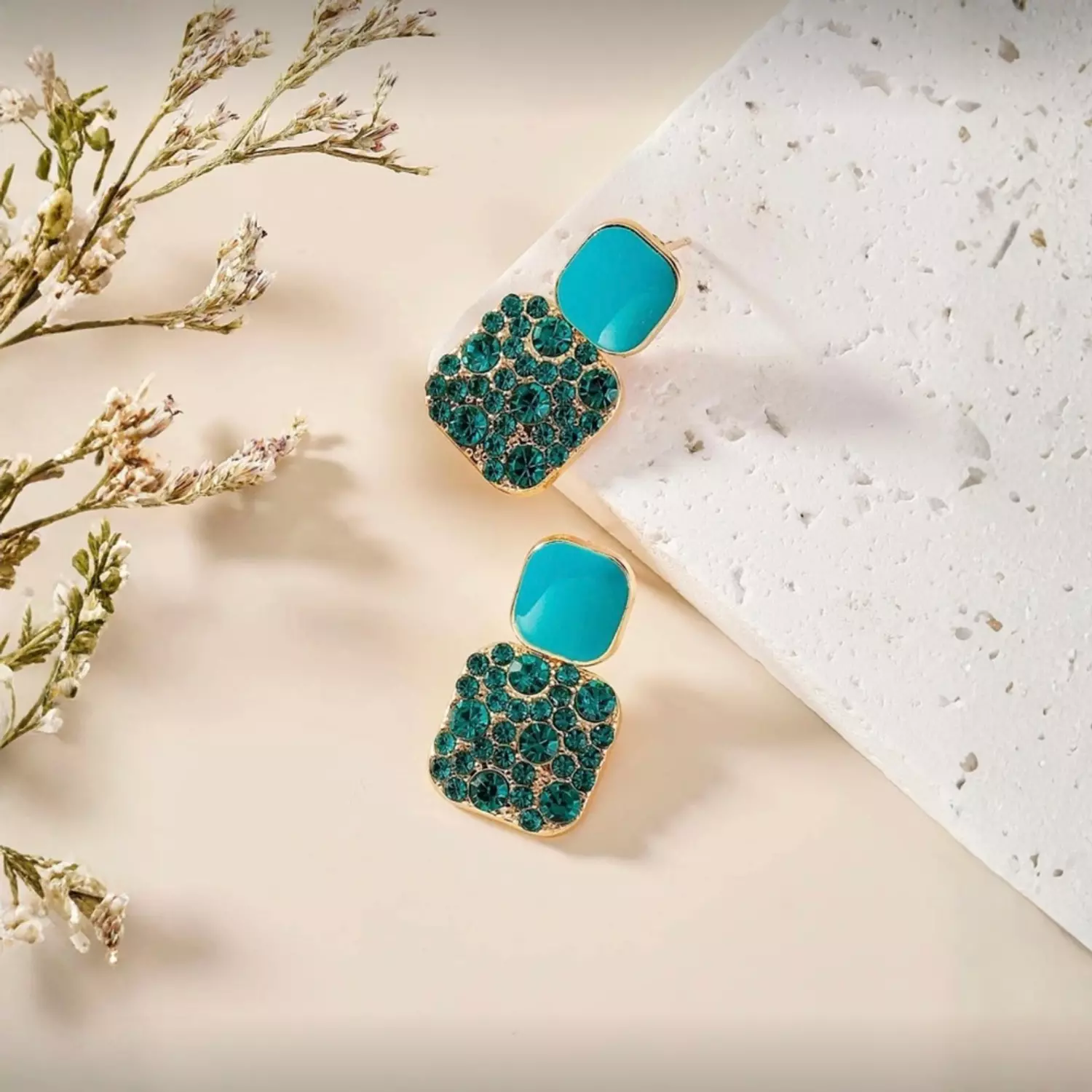 Small Turquoise Rhinestone Square Earrings 2