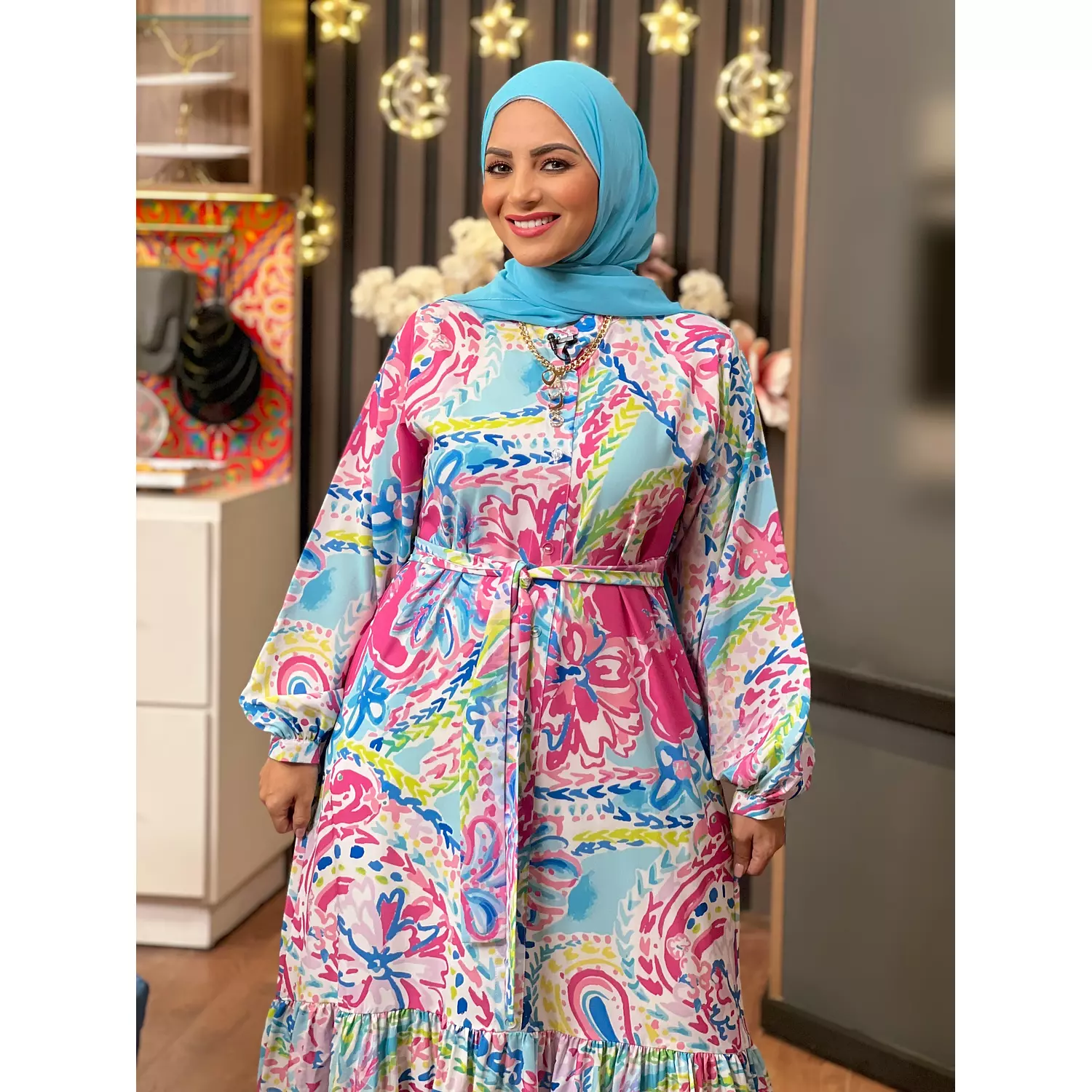 Soft Printed Dress With Long Sleeves - Pink &  Baby Blue  hover image