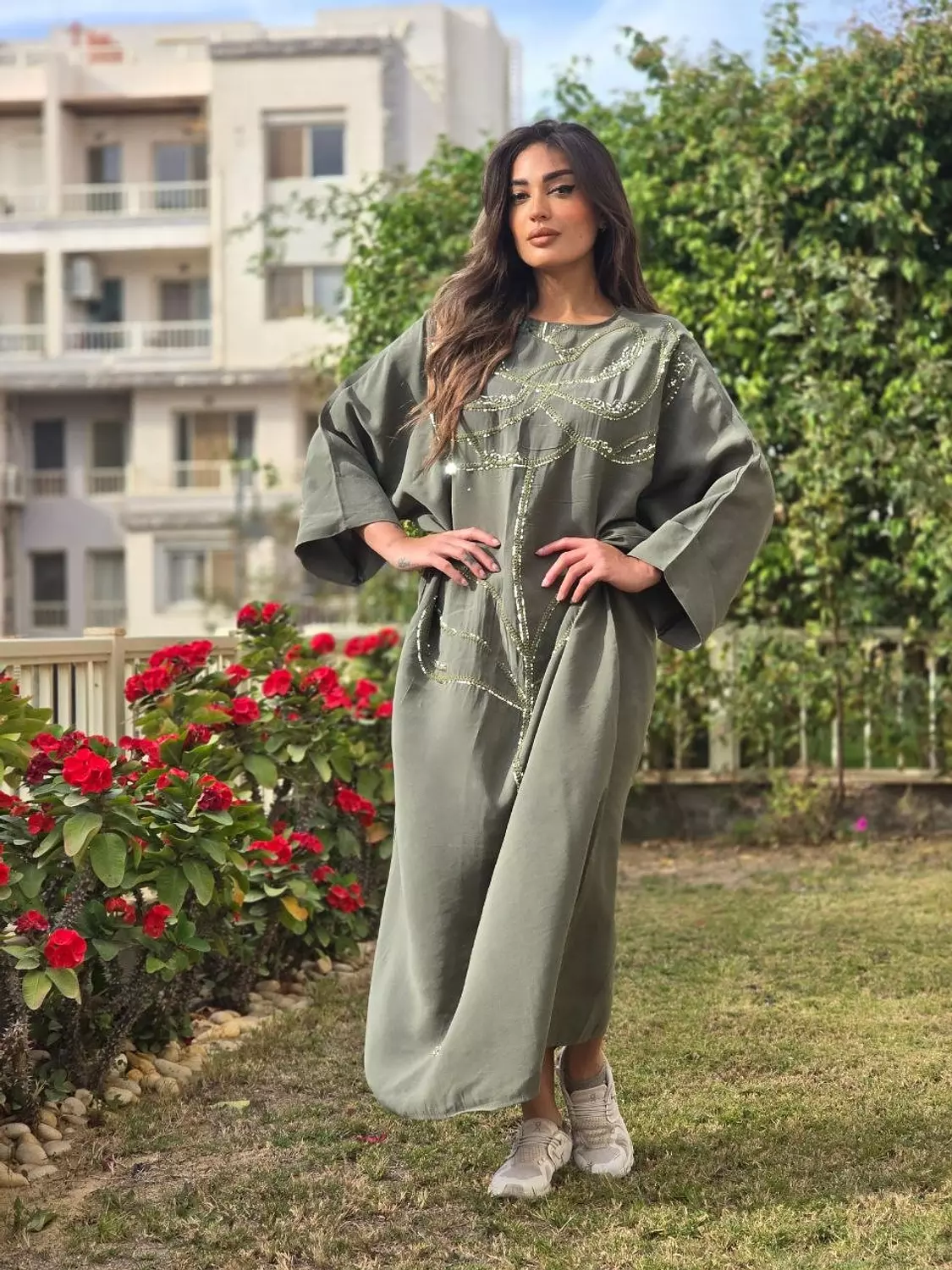 Olive floral embroidered dress 5