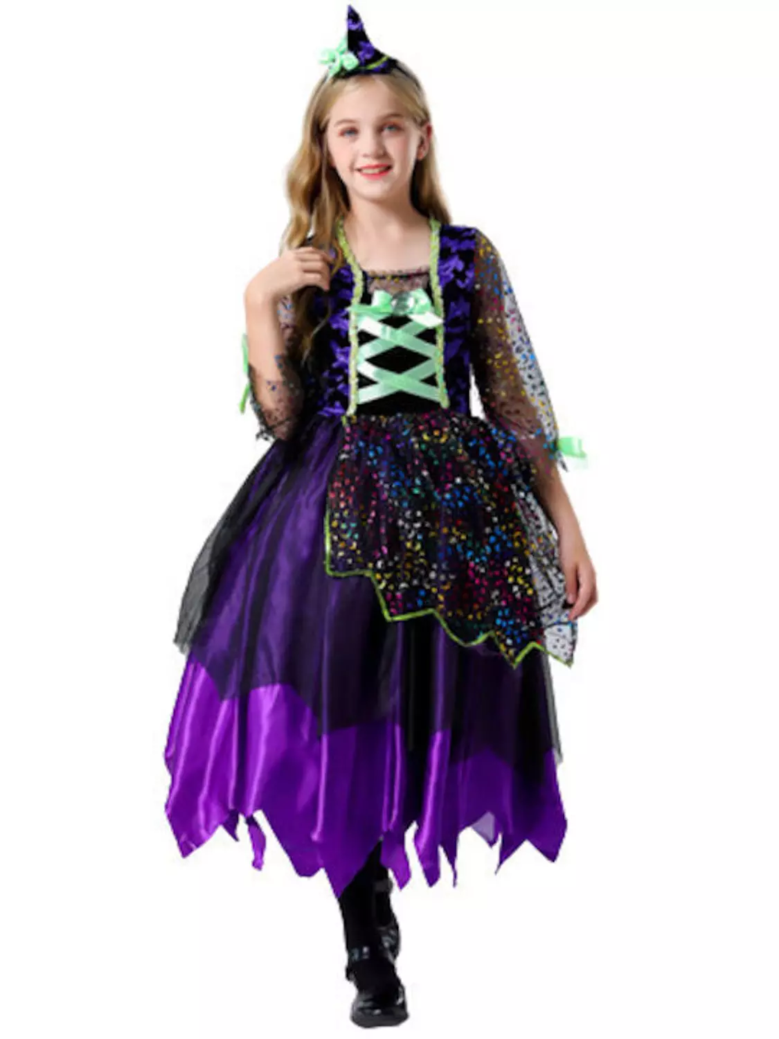 Girls Witch Halloween Costume with Hat, Purple & Black 4
