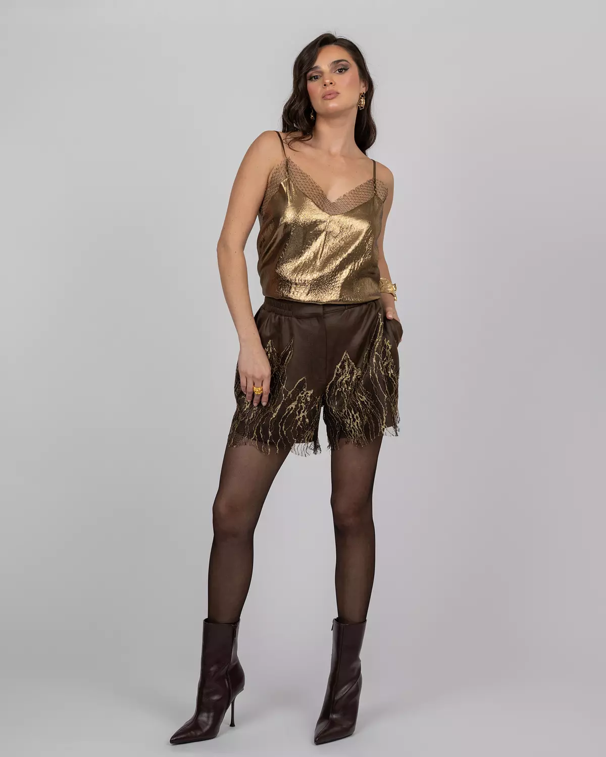 Brown Faux Leather Shorts with French Lace Hem hover image