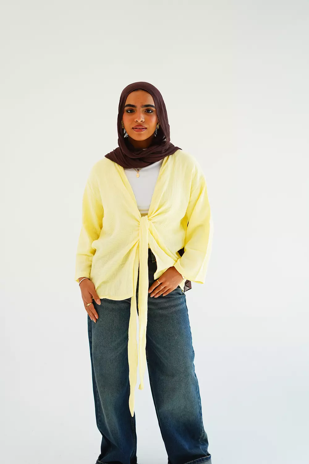 Yellow open cotton blouse with front tie hover image