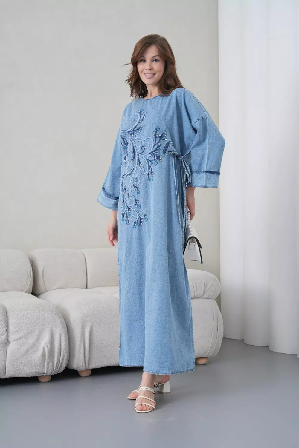 Light blue floral sequin embroidered denim dress with side tie  8