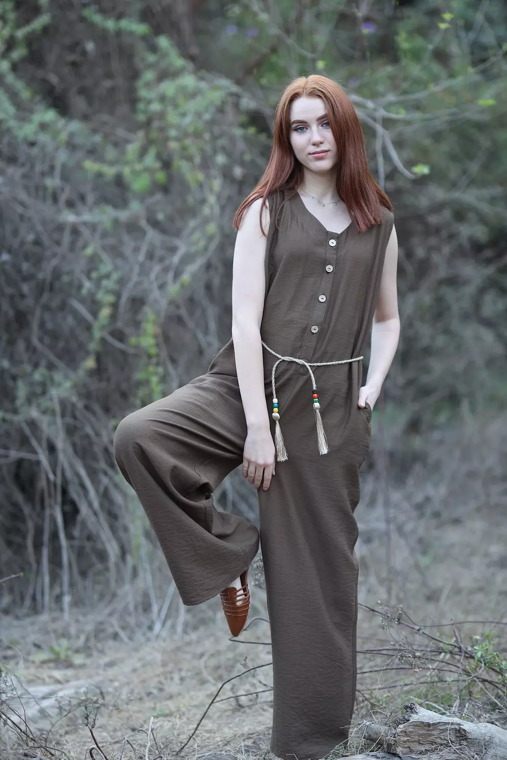 Wide Leg Linen Jumpsuit - Dark Brown 3