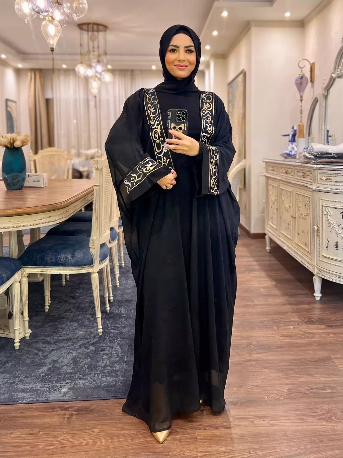 Chiffon Abaya with Arabic Embroidery - Black 3