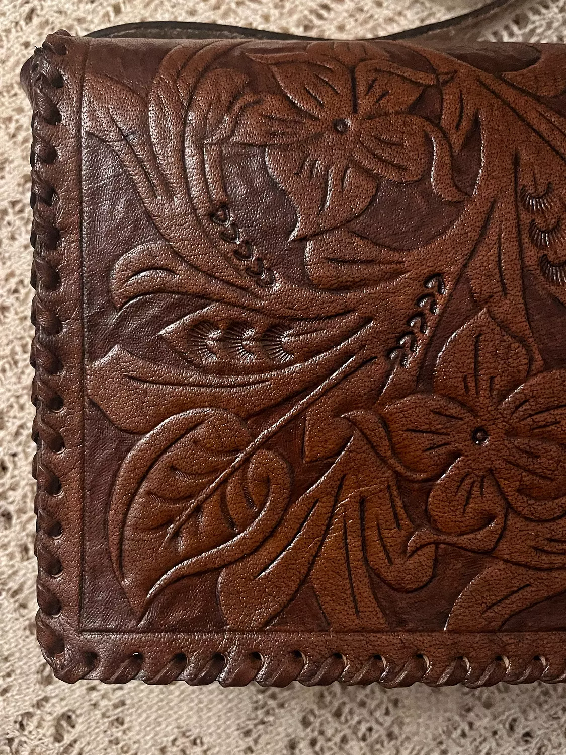 Tooled floral rectangular flap leather bag 4