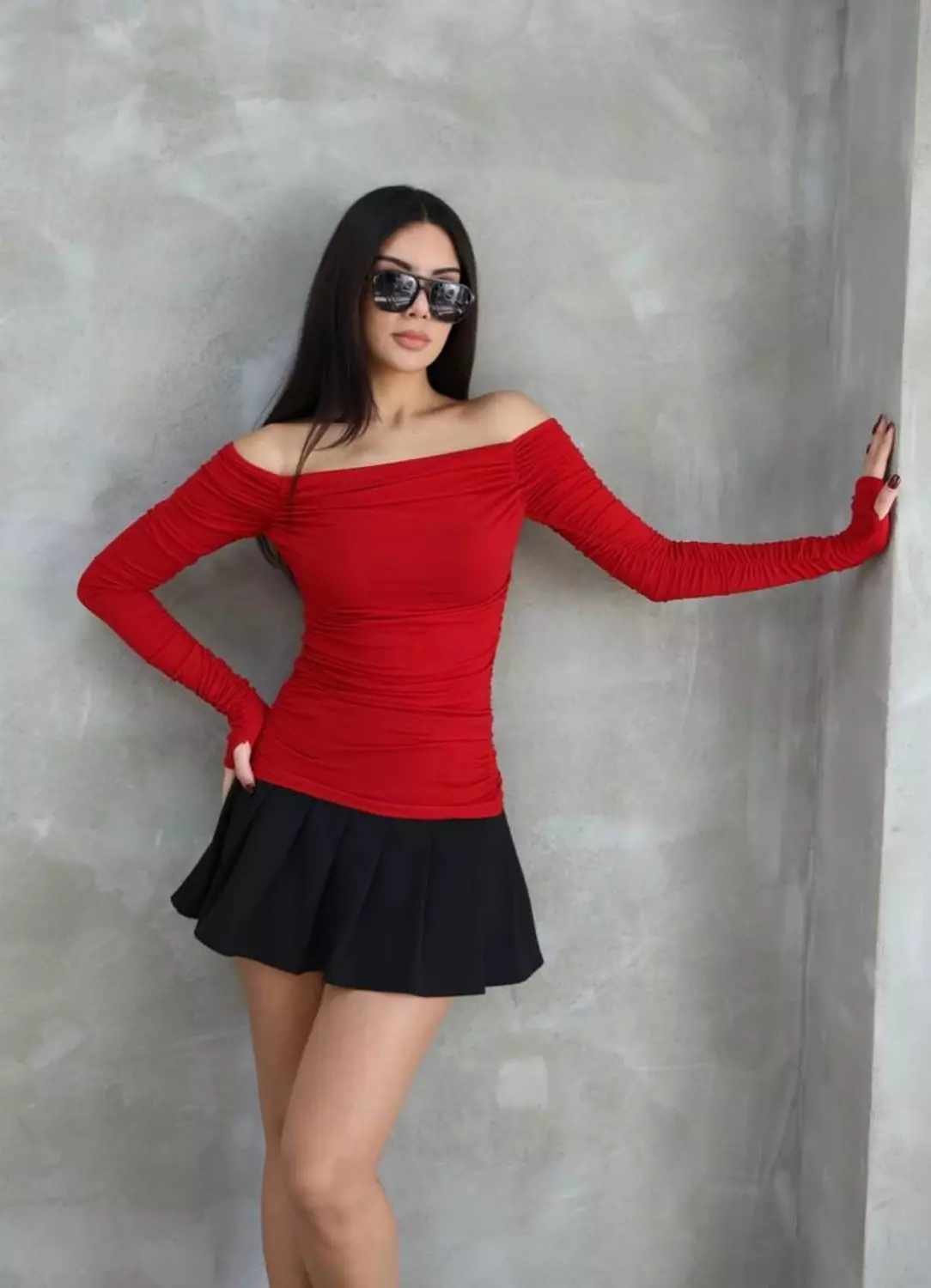 Ruched Off-Shoulder Long Sleeve Top image