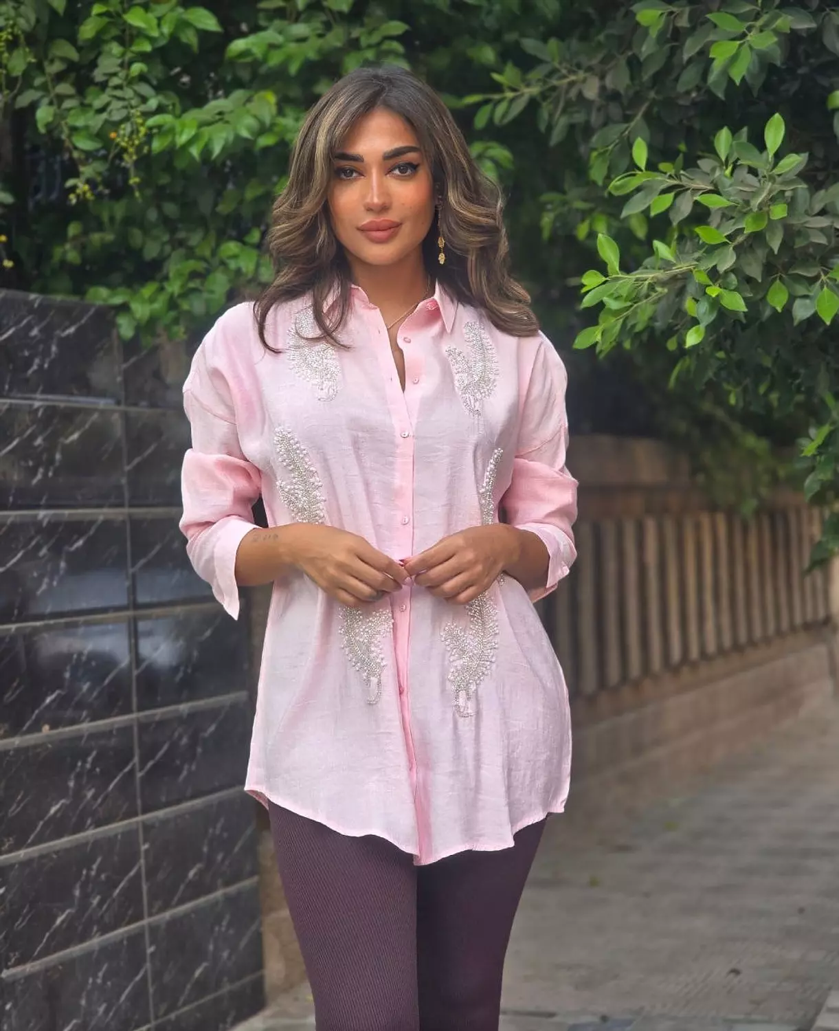 Pink leaflets embroidered shirts hover image