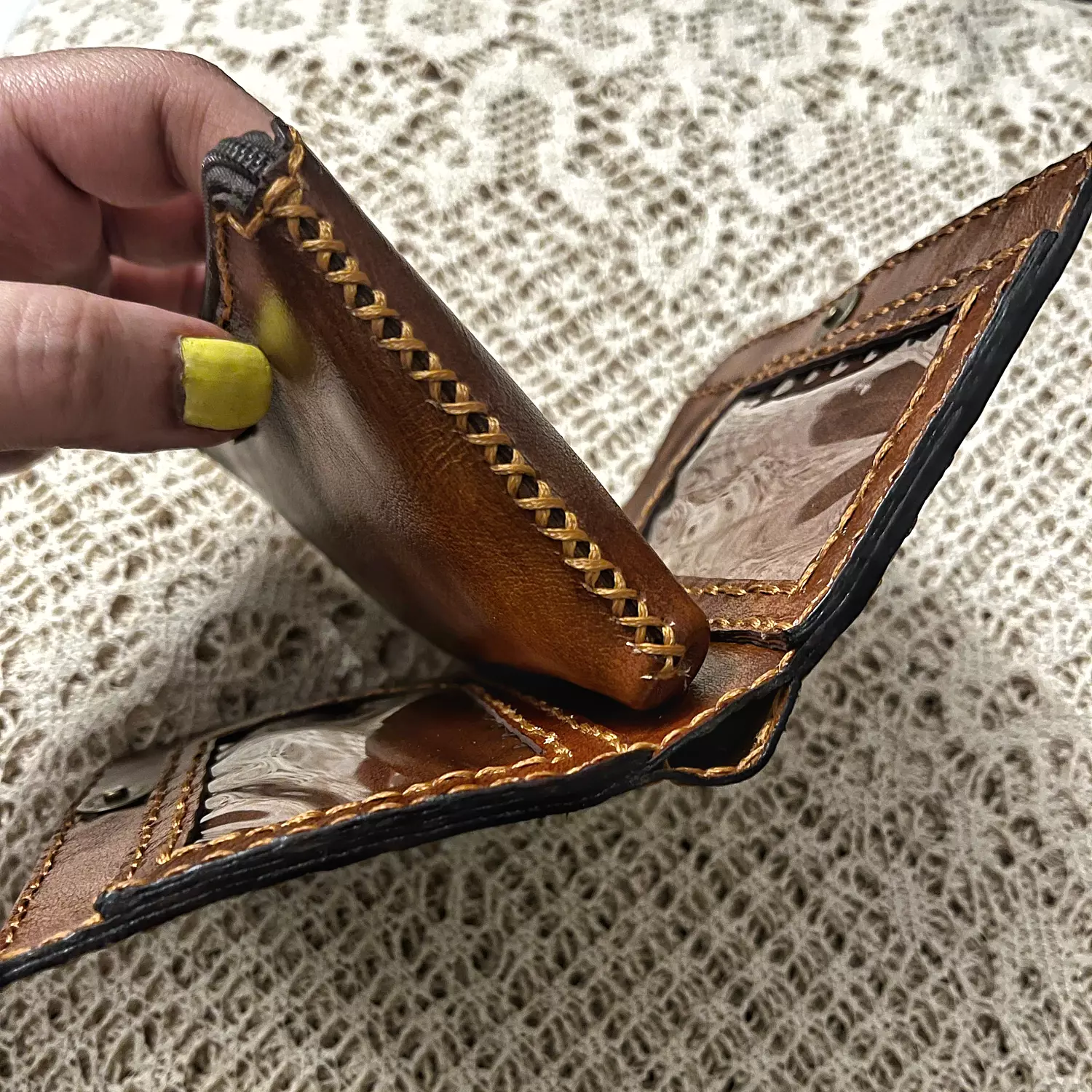Hand painted yellow-blue flowers medium leather wallet 5