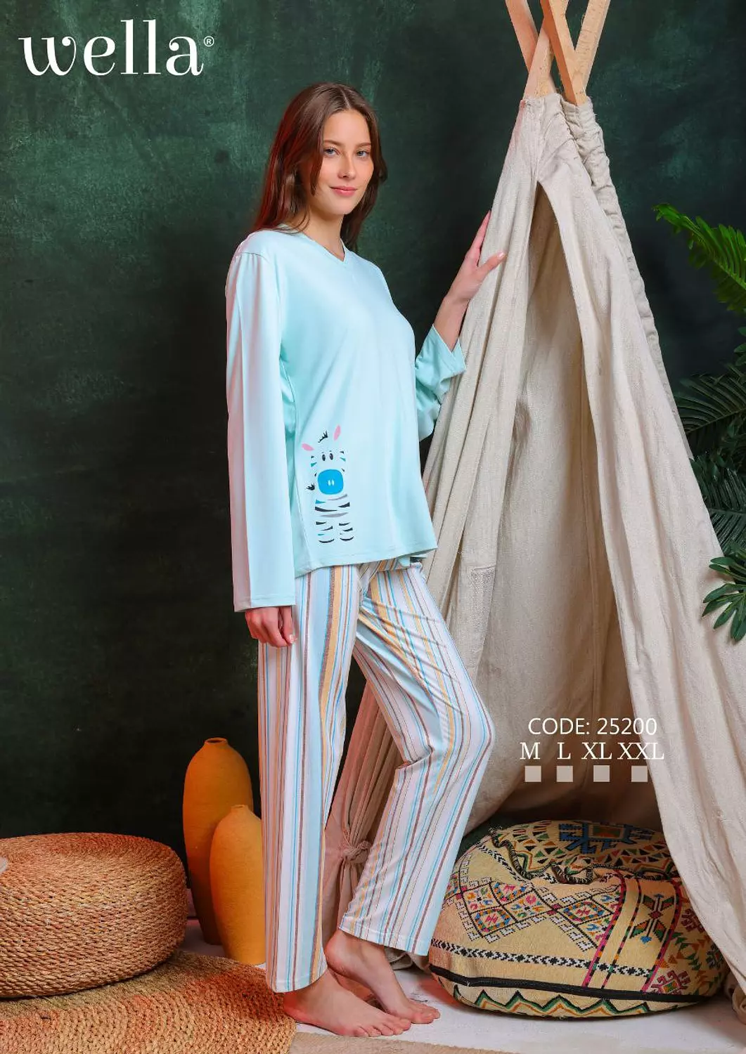 Light blue pajamas with sleeves and striped pants
