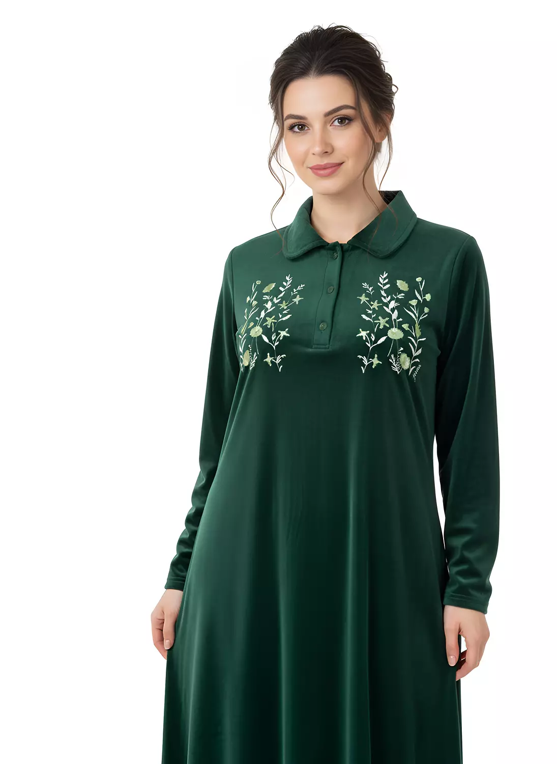 Shorto Collar Fleece Flower Embroidery Nightgown - 2645 - Dark Olive Green 2