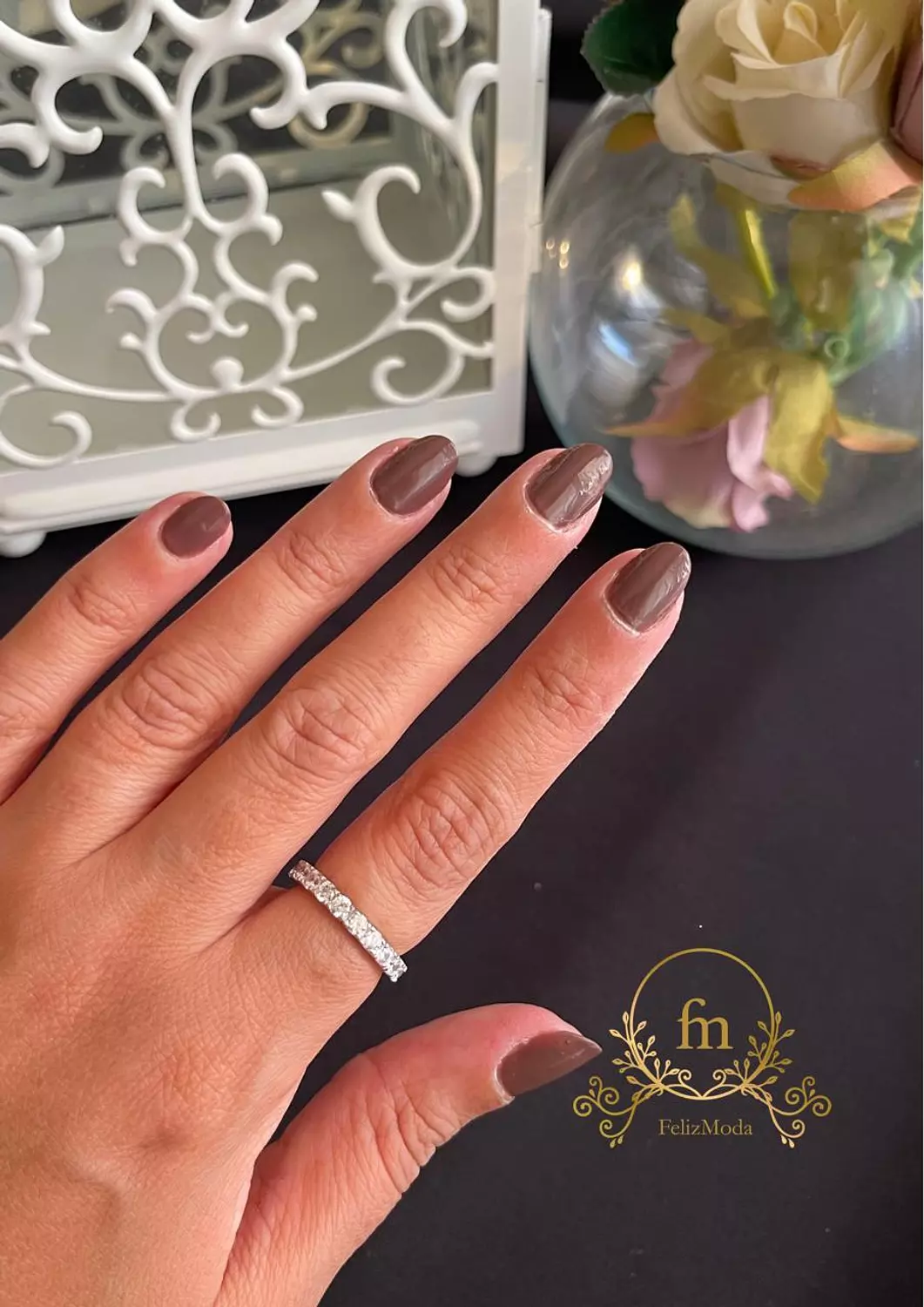 Full band of zircon stones silver ring image