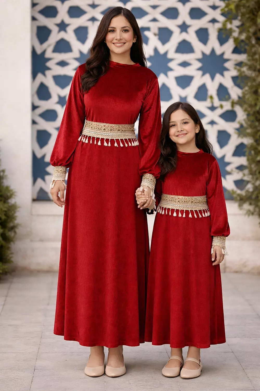 Velvet Maxi Ramadan Dress with Tassel separate Belt, Long Sleeve Modest Dress Mother Daughter Matching Set 5