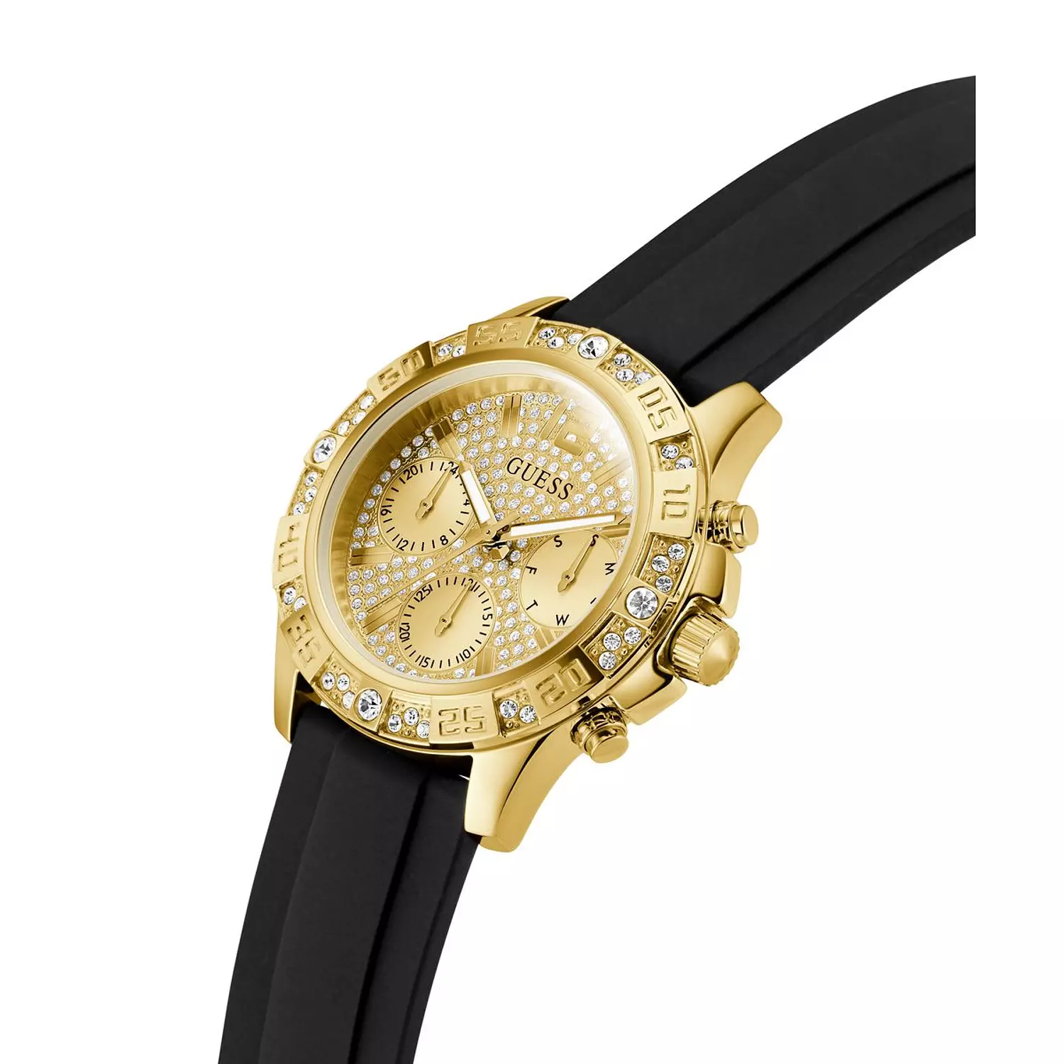 GUESS Ladies Black Gold Tone Multi-function Watch Black Silicone Strap GW0772L5 4