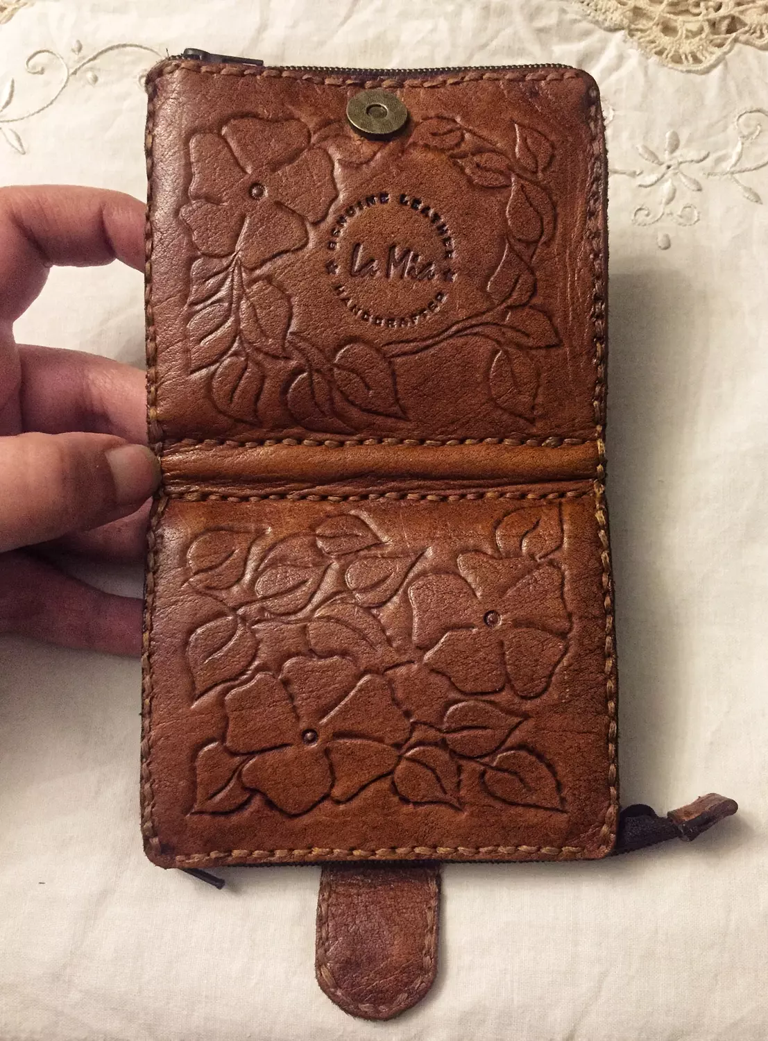 Tooled flowers leather wallet -flap closure hover image