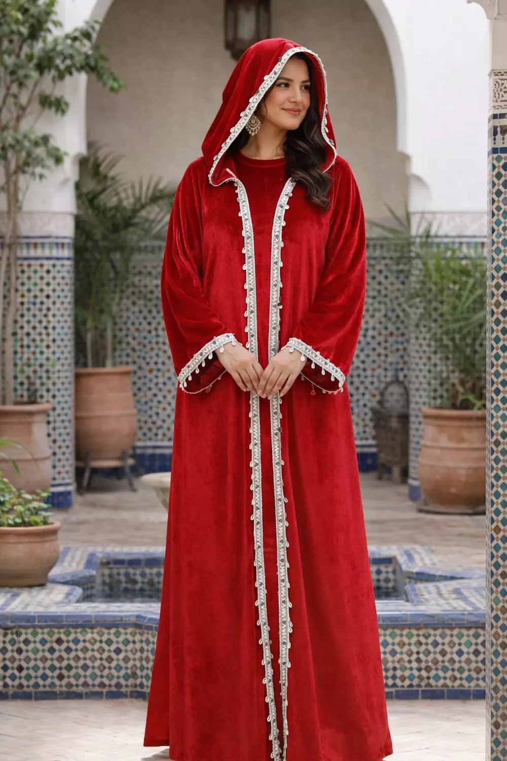Women's Velvet Ramadan Hooded Kaftan with Lace Trim, Long Sleeve Abaya Robe 10