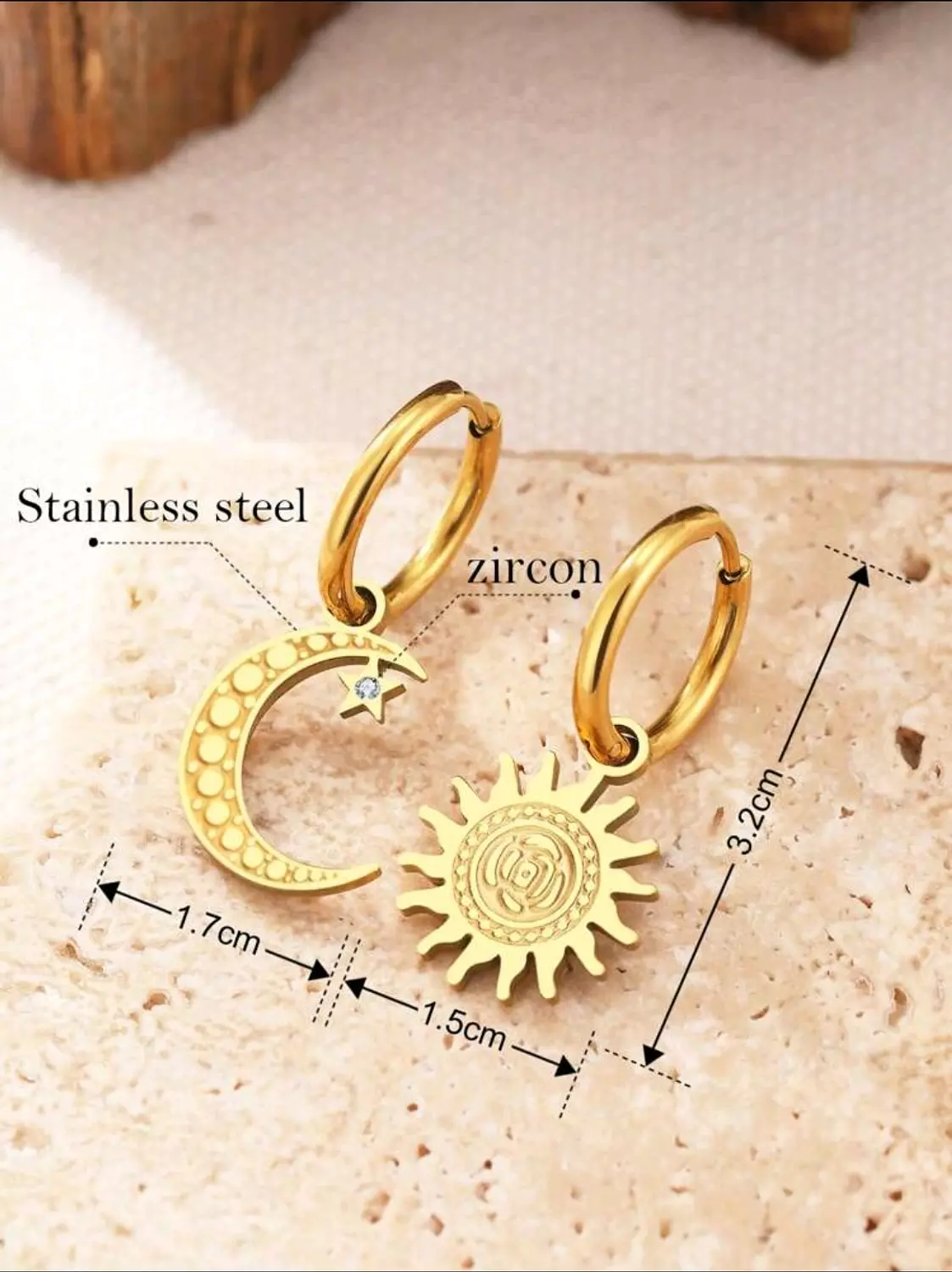 Sun-moon-crystal Earrings - Gold 3