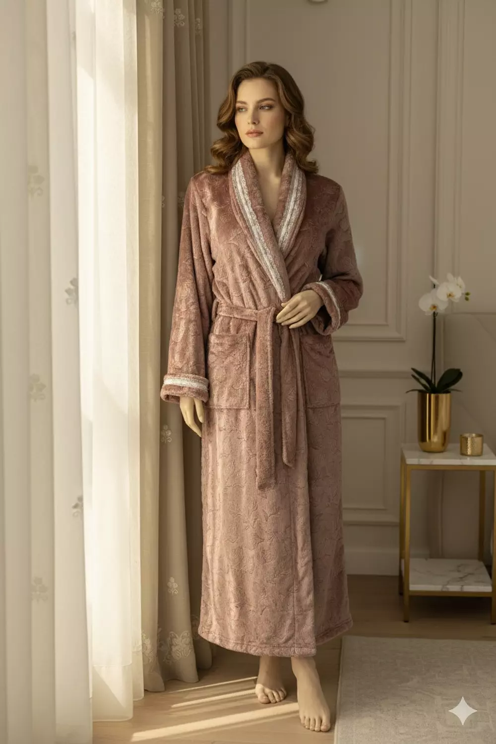 Rose Taupe Embossed Lace Winter Robe 2