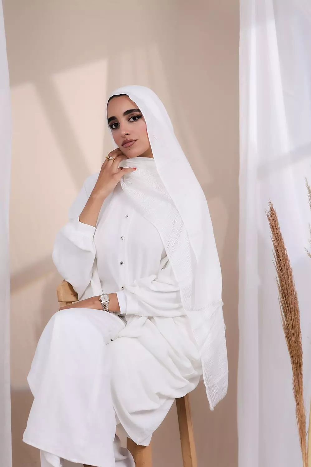 White Half Netted Linen Scarf image