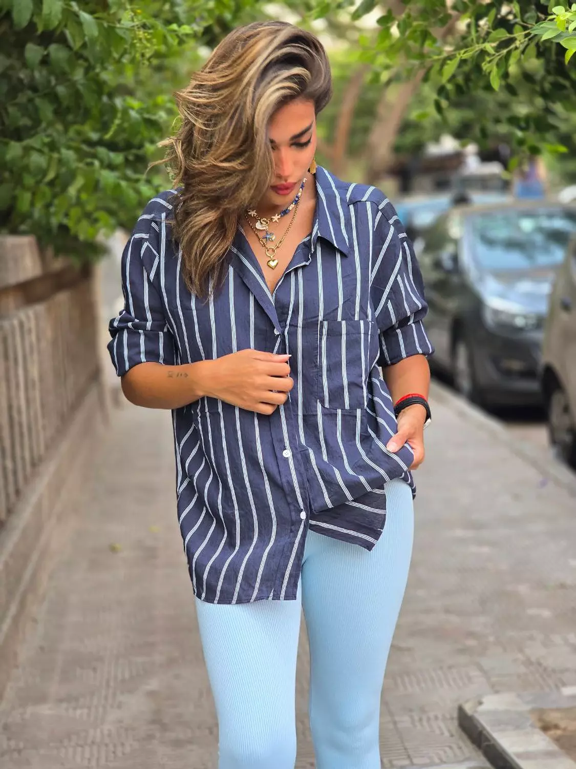 Navy Blue Chemise with Baby Blue Stripes image
