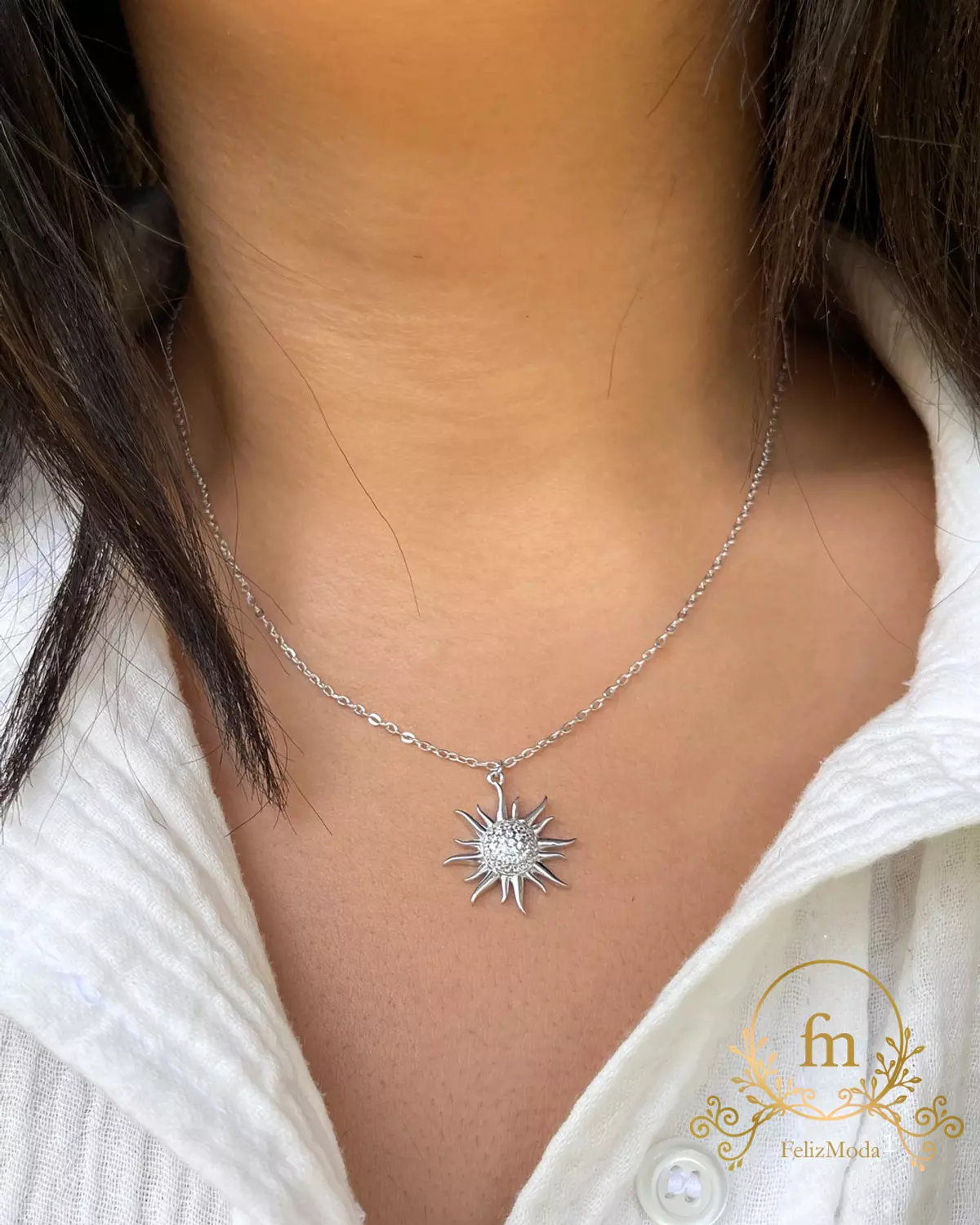 Shinny sun silver necklace with zircon stones  image