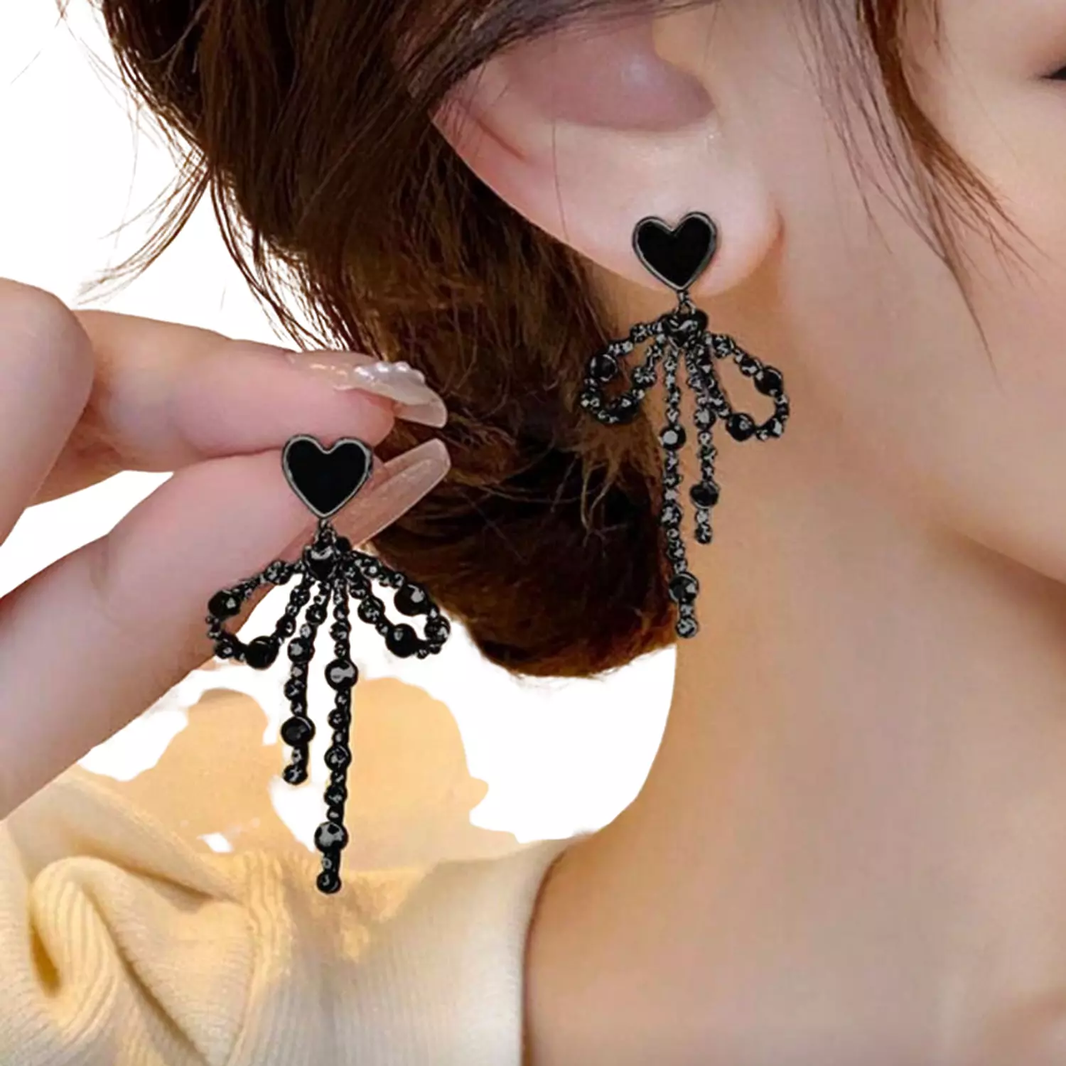 Tassel Heart & Bow Rhinestone Earrings image