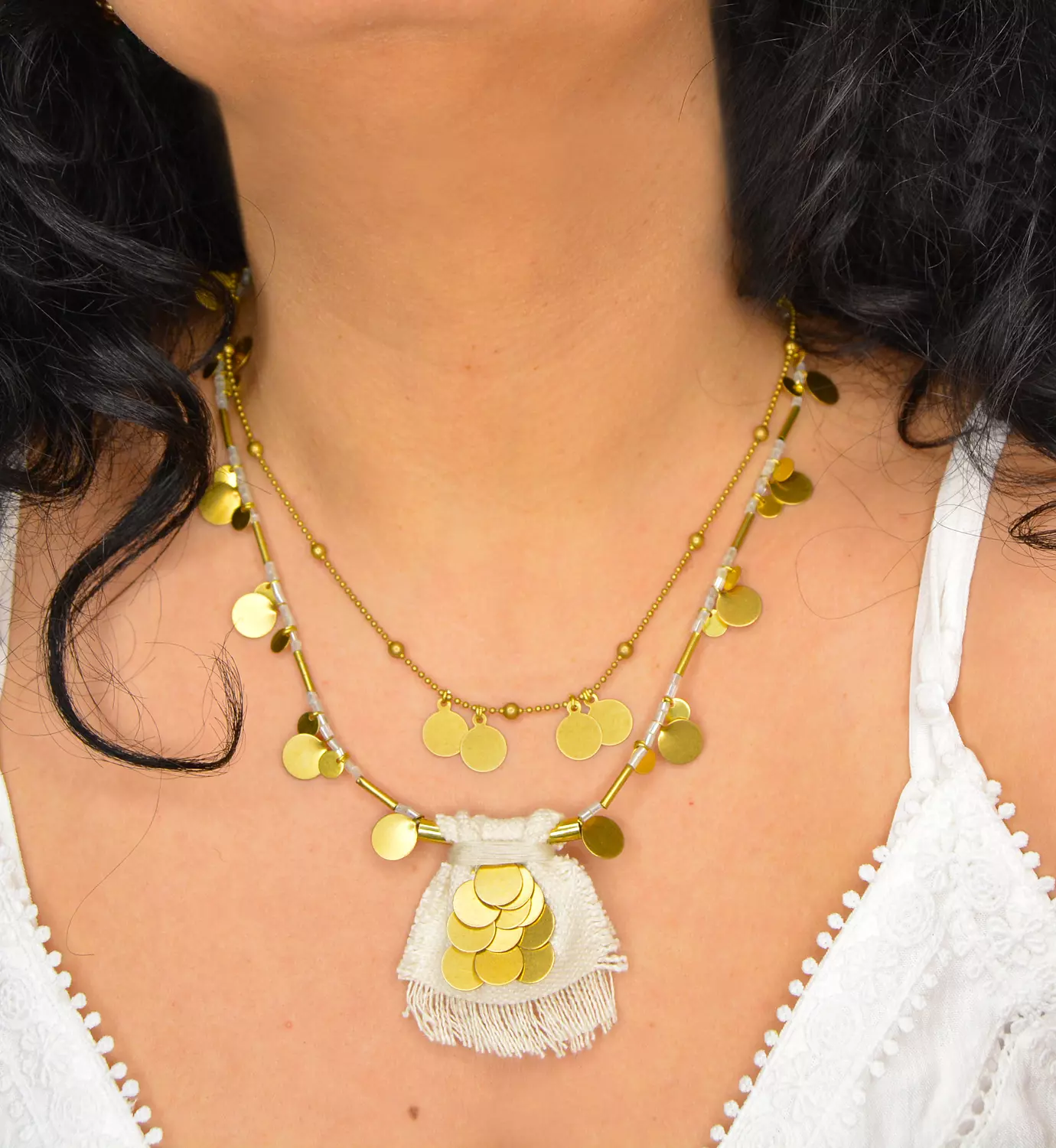 Embroidered brass on Fabric Necklace 