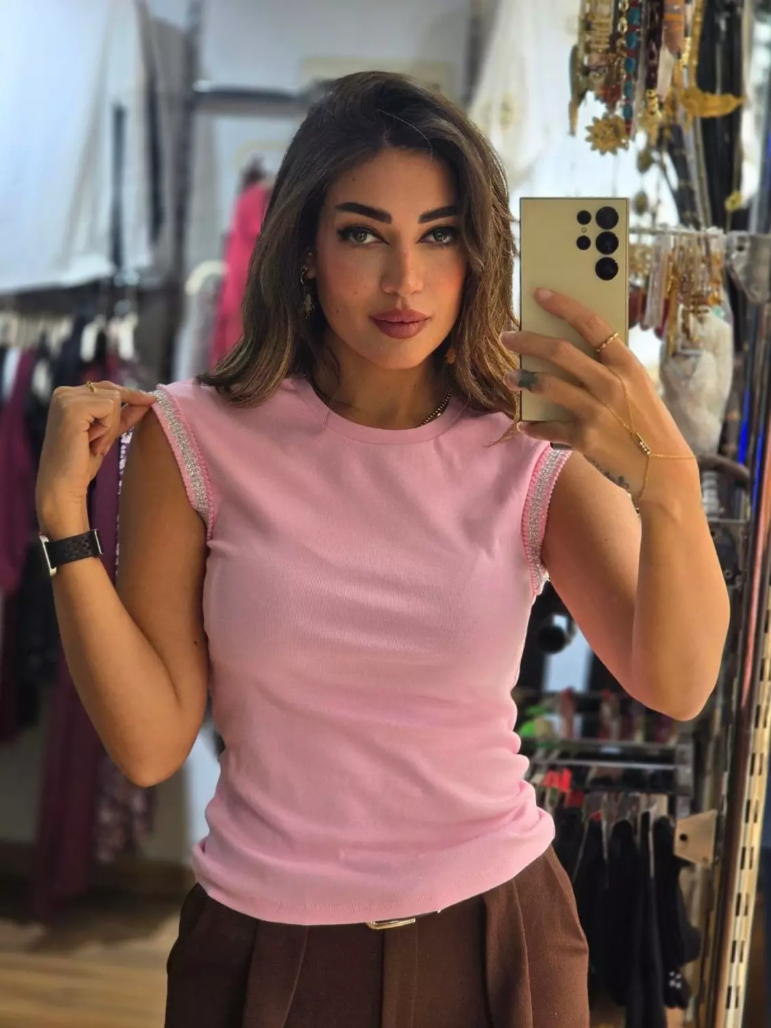 Pink top with silver lines image