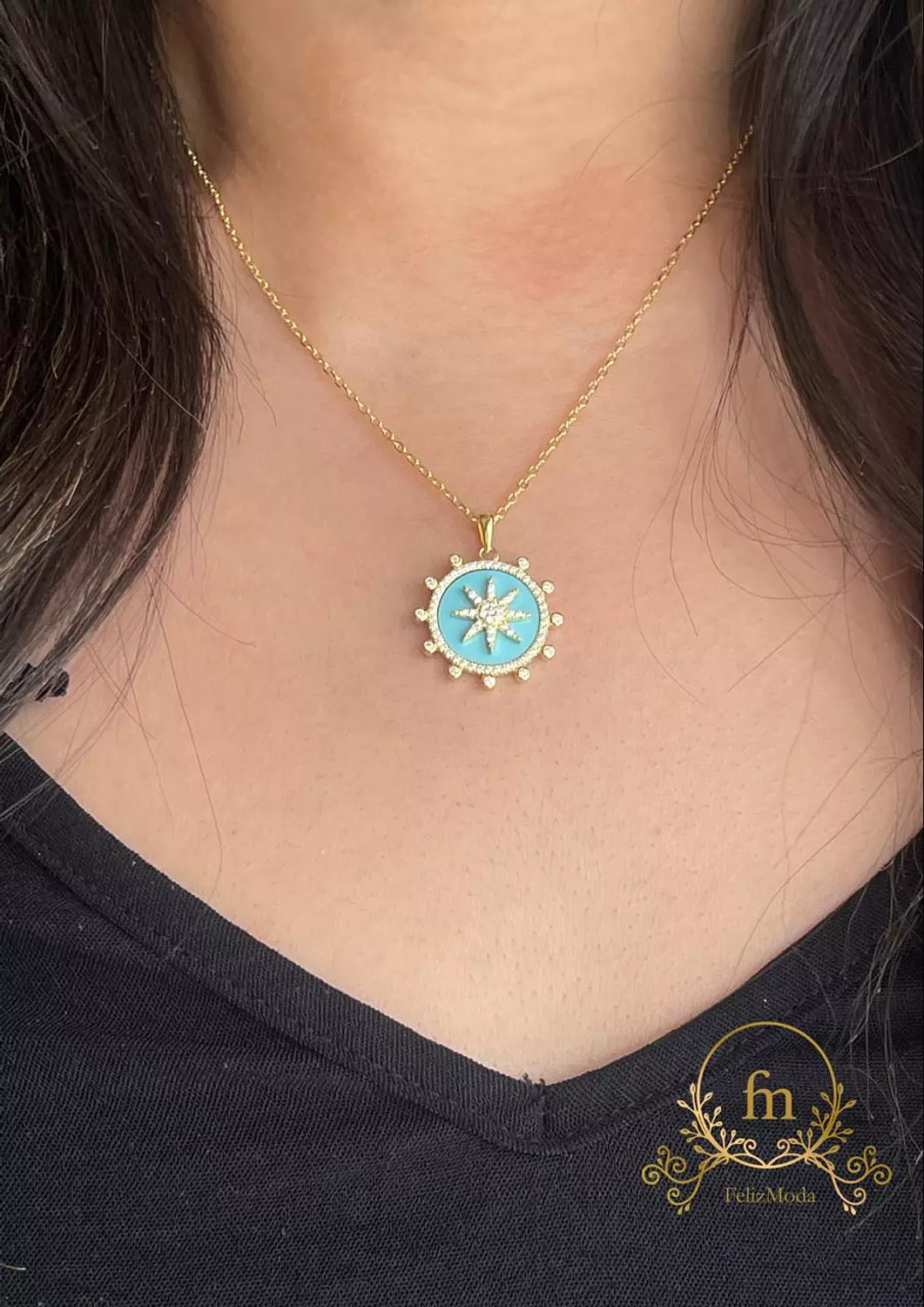 Sun Fayrouz round pendant silver necklace gold plated image
