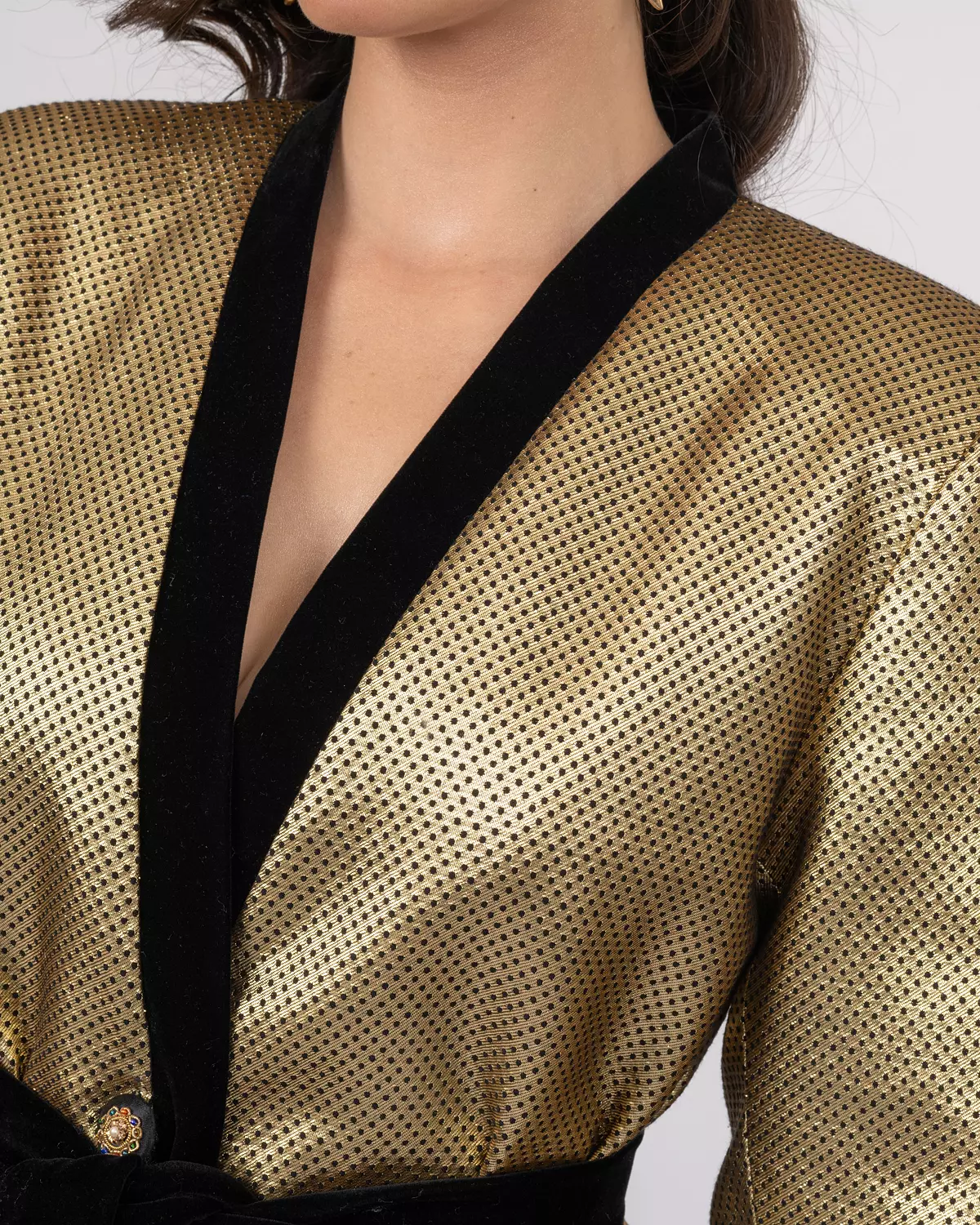 Gold Dotted Brocade Blazer Jacket with Velvet Accents 4