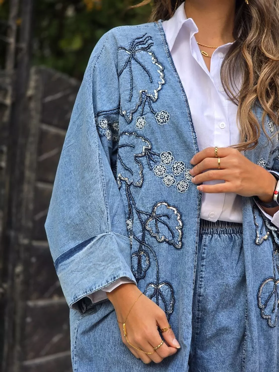 Denim embroidery beaded set 5