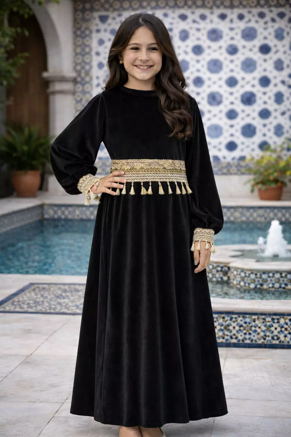 Girls Velvet Ramadan Dress with Separate Tassel Trim, Long Sleeve Islamic Abaya, Traditional Modest Maxi Dress for Kids 1