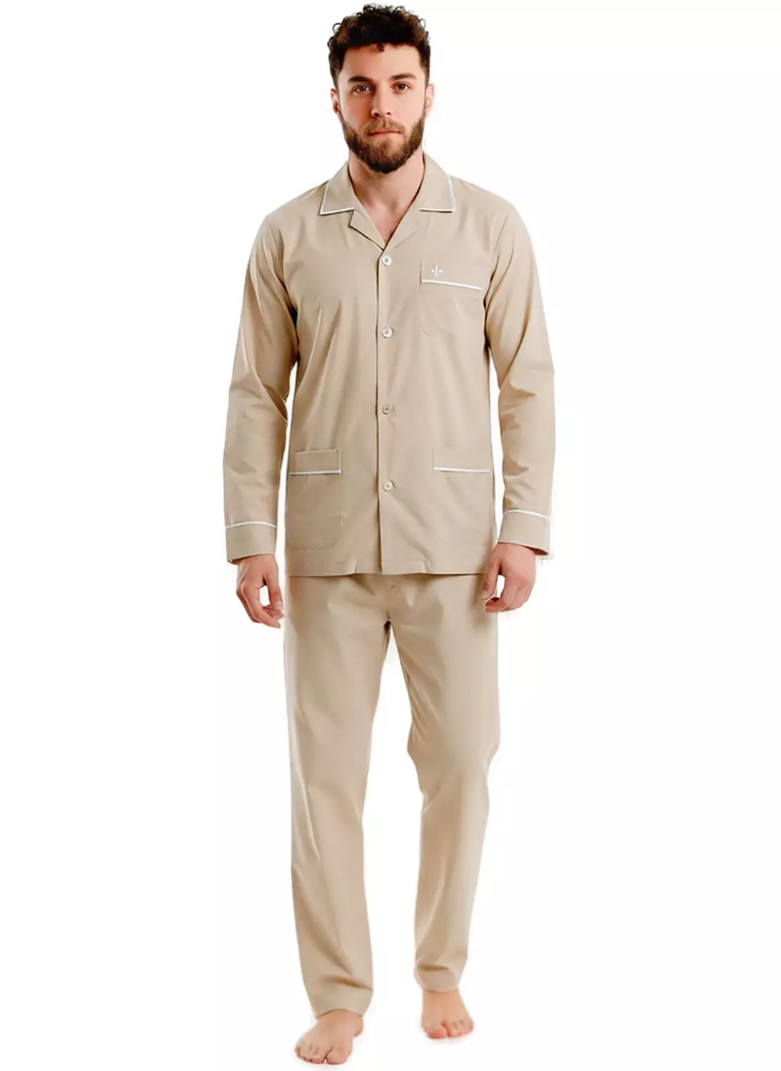 Men's Classic Long Sleeve Pajamas Set - 2454 - Beige image