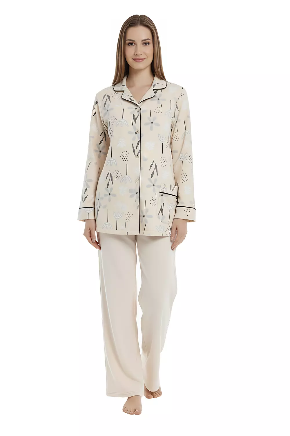 Women Classic Fleece PJ - 2707 - Flowers - Light Beige image