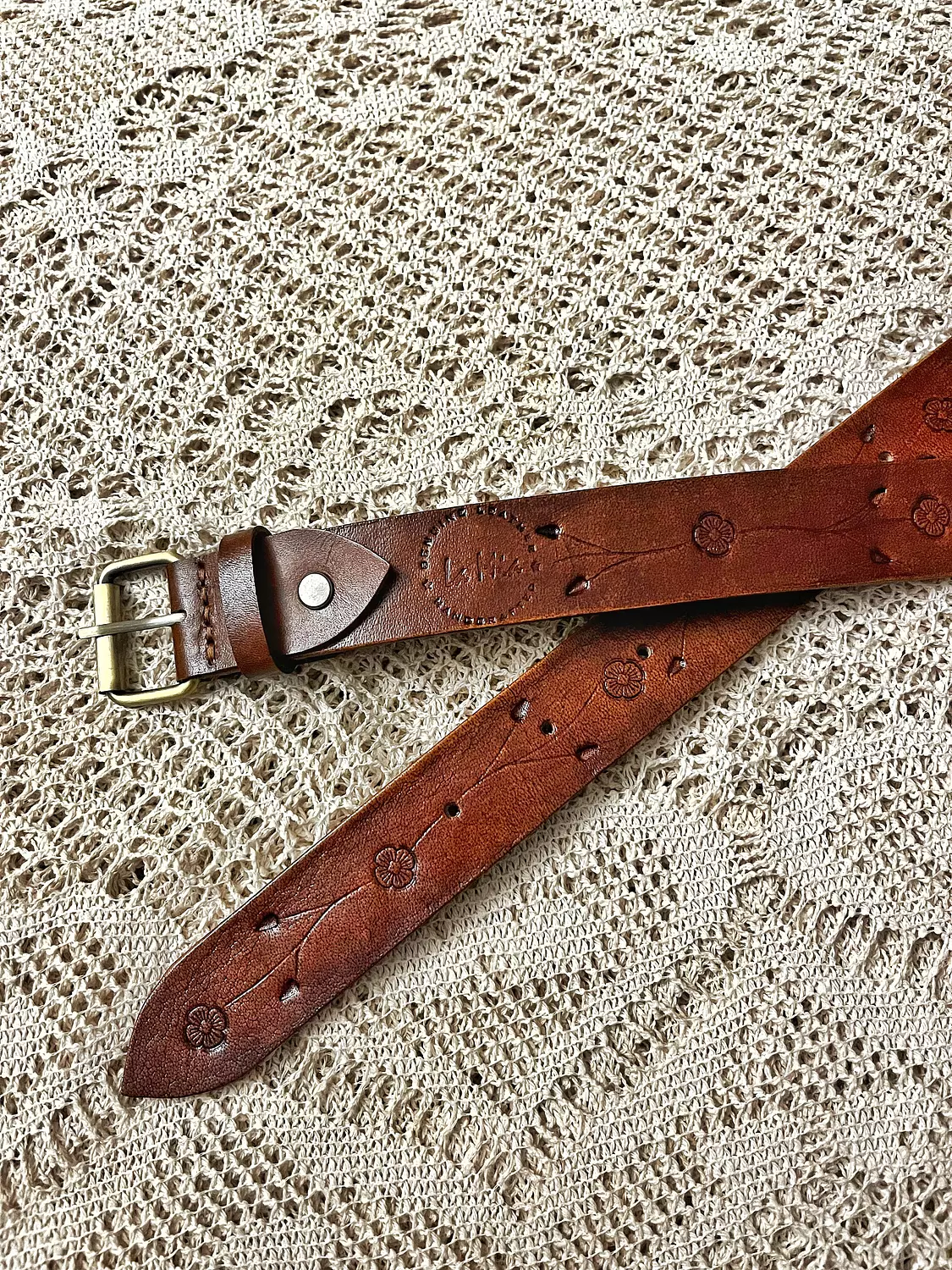 Tooled leather belt - flower branches 2