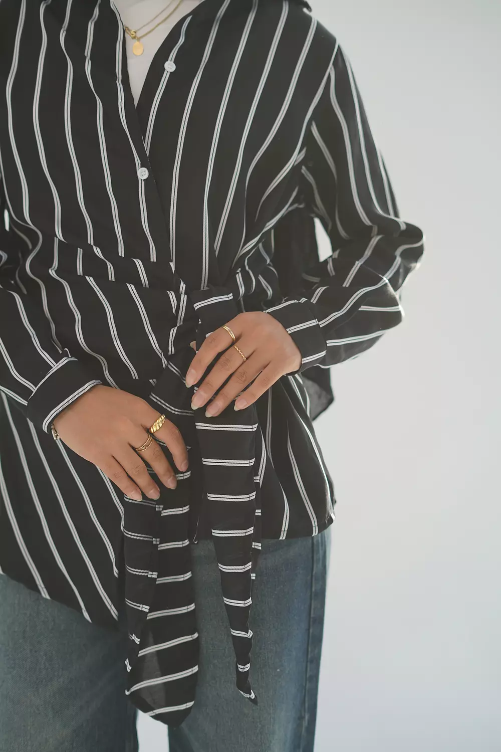 Black long striped shirt with side tie 4