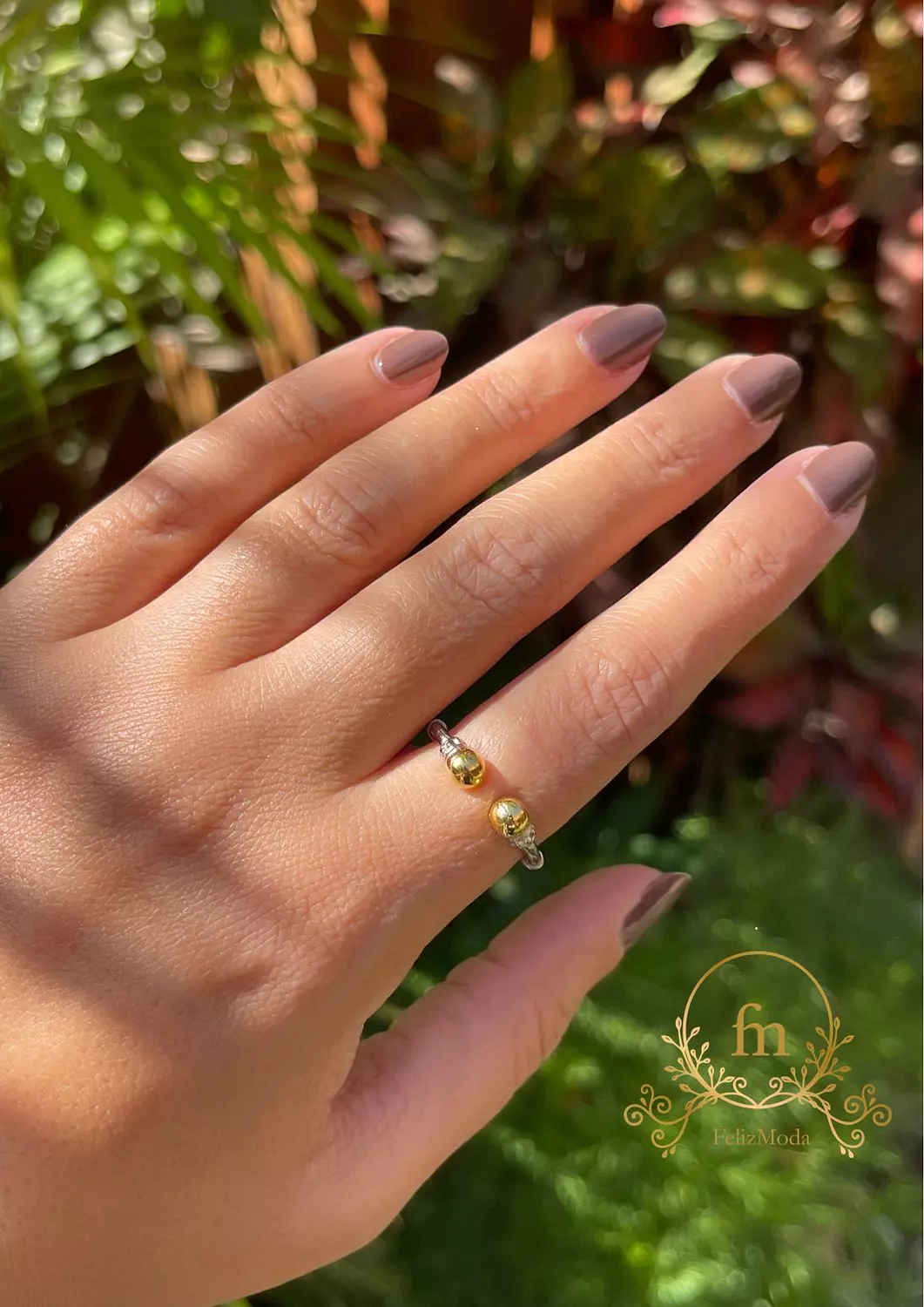 Two golden beads silver ring adjustable size image