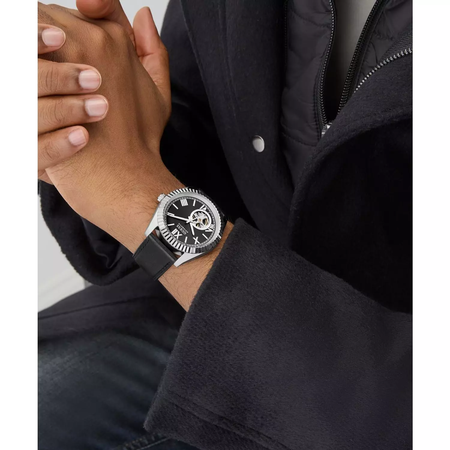 GUESS CONNOISSEUR Mens Black Silver Tone Automatic Watch Black Genuine Leather Brushed/Polished Strap 5