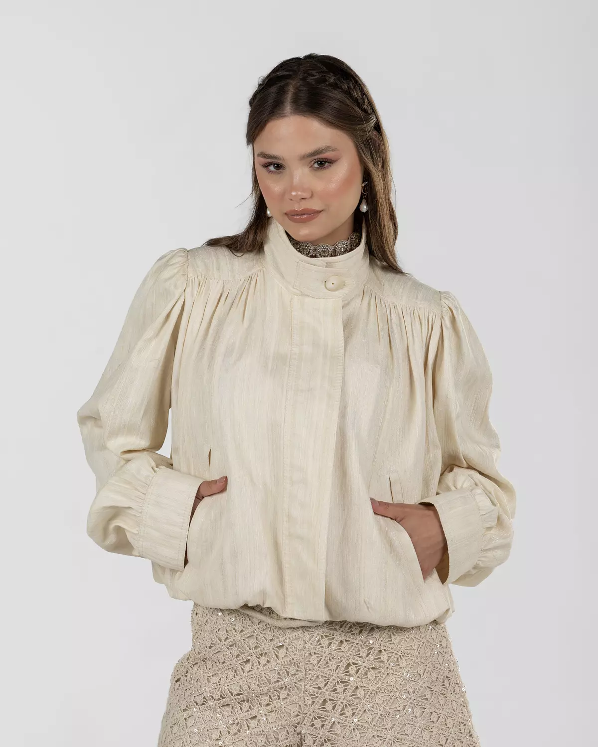 Refined Off-White Silk Jacquard Turtleneck Top 8