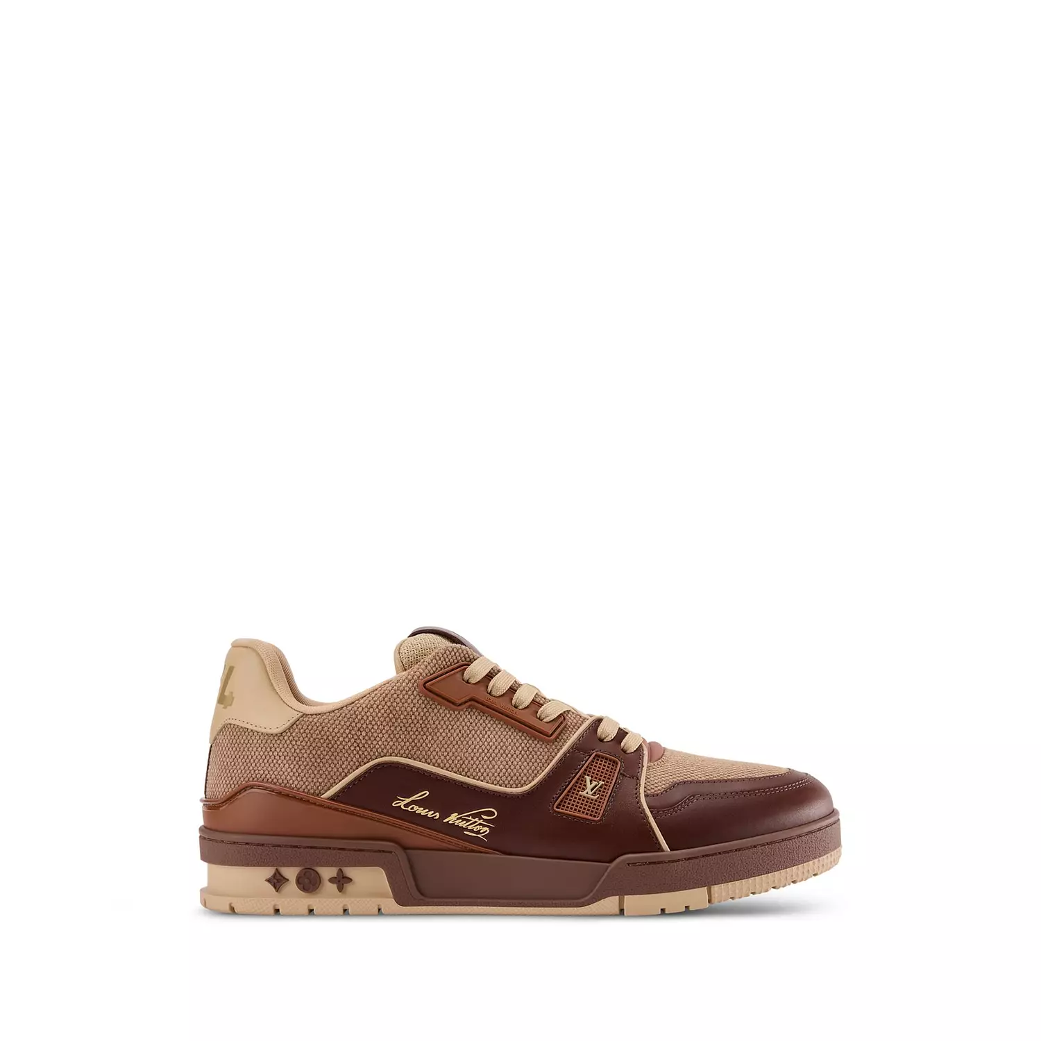 Louis Vuitton LV Trainer Sneaker in marron brown is inspired by vintage basketball image