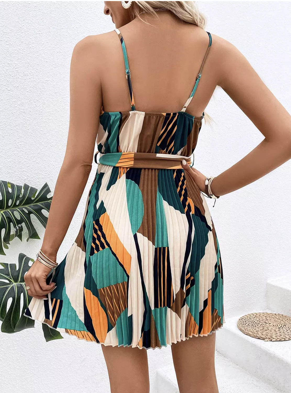 Geo Print Pleated Hem Belted Cami Dress Mini Short  hover image