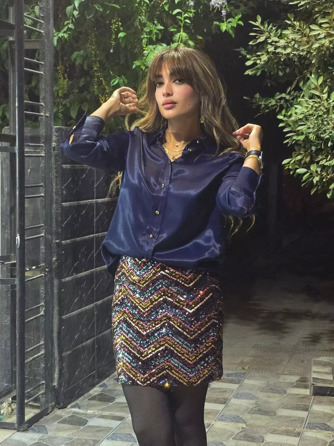 Navy blue satin chemise with gold buttons  4