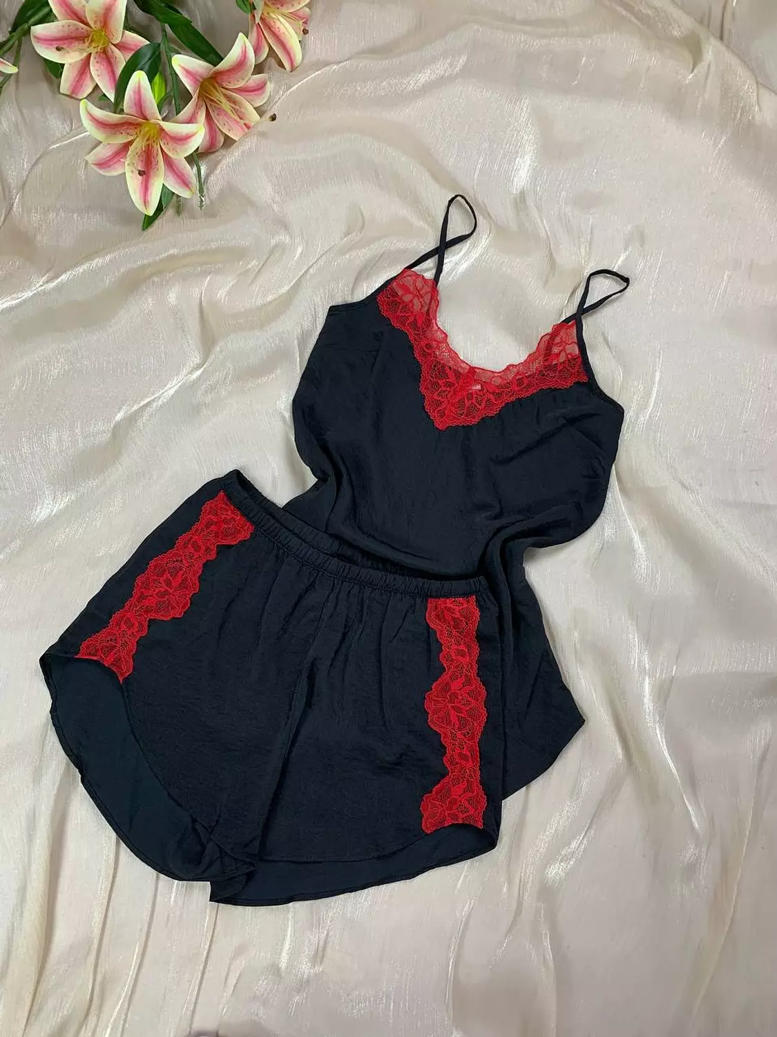 Satin hot short pj set with lace from Max   Xs ..s..m..l image