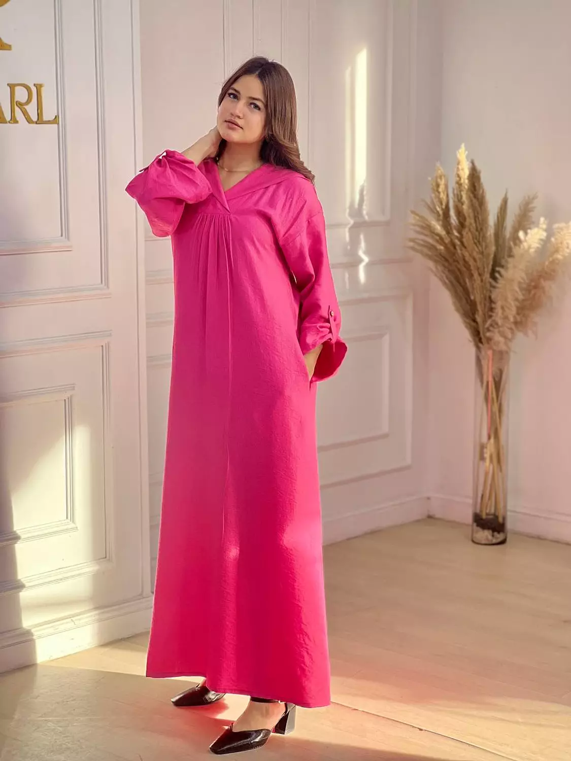 Hooded Linen Kaftan Dress - Pink 4