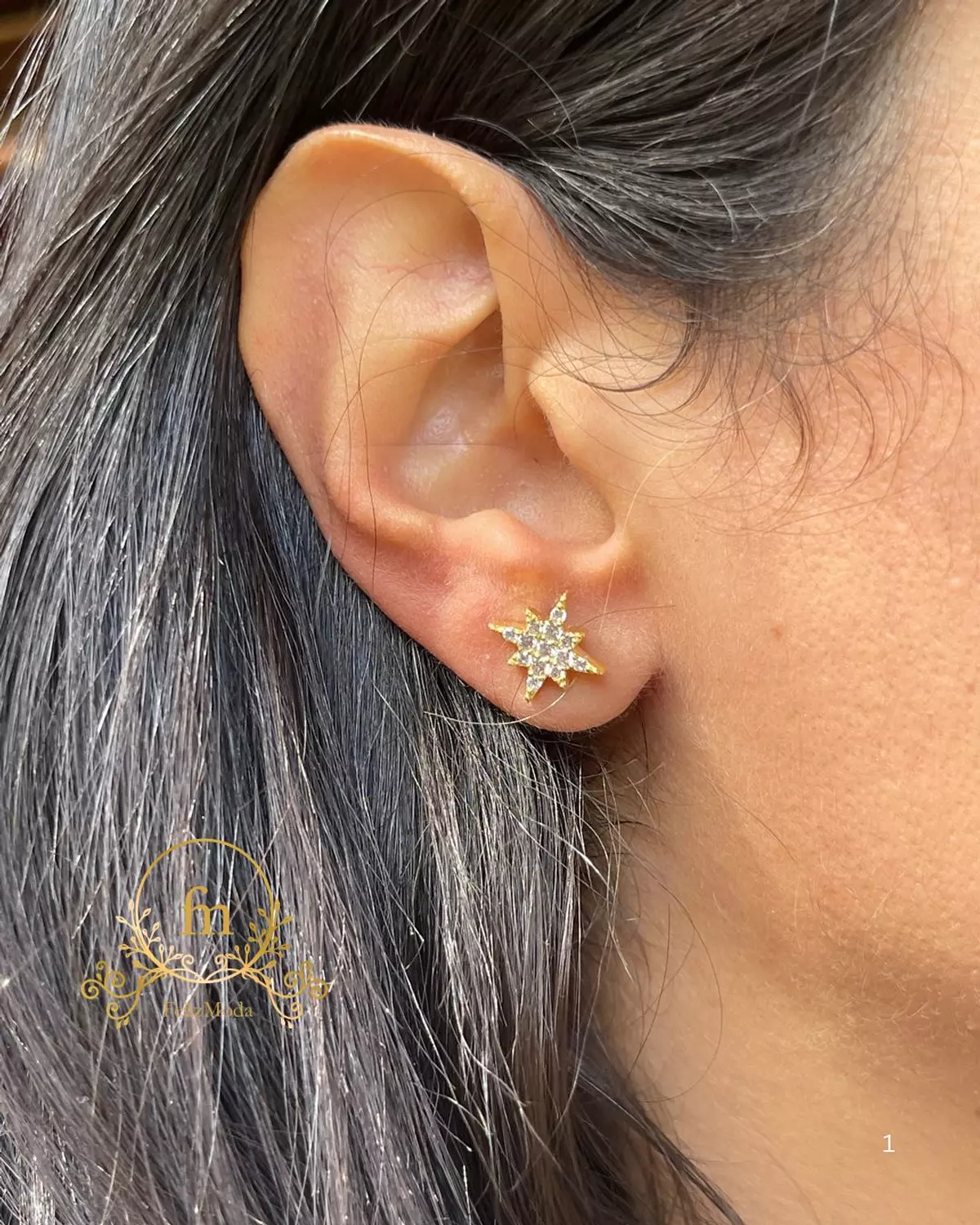 Star silver earrings gold plated with zircon stones image