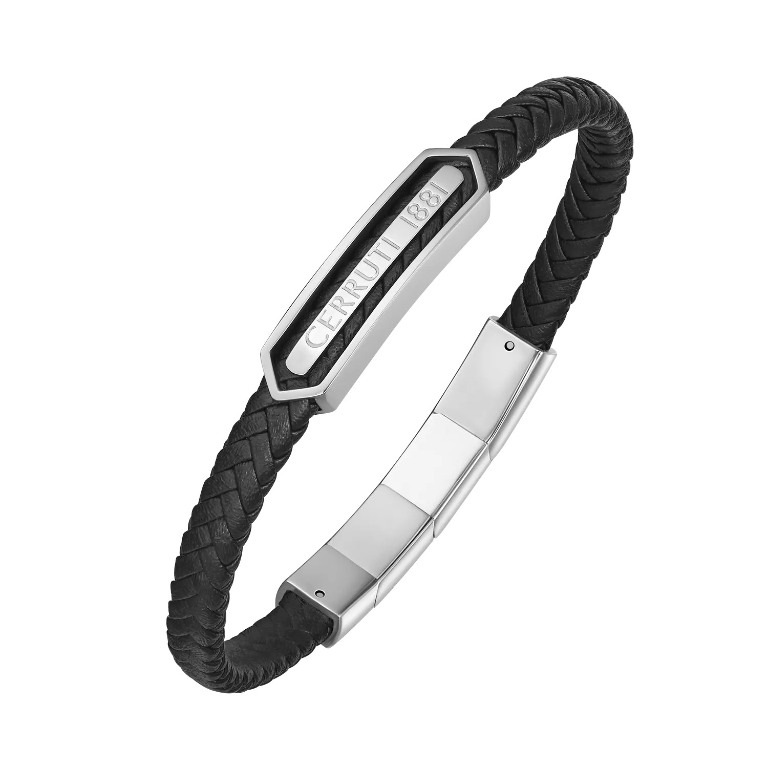Cerruti 1881 Sandro Black Leather, Stainless Steel Logo Motif Bracelet for Men image