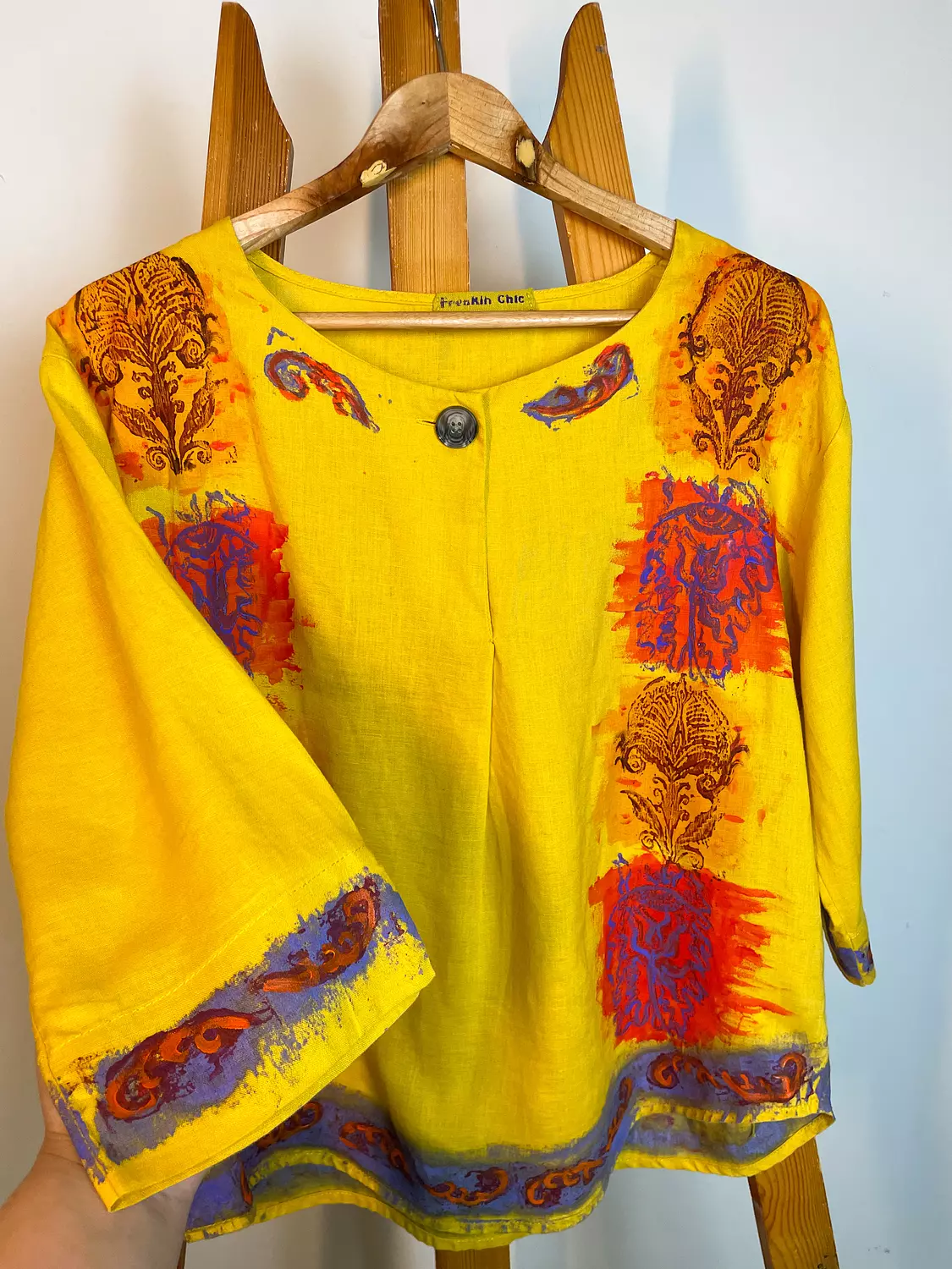 Hand -printed yellow linen top  2
