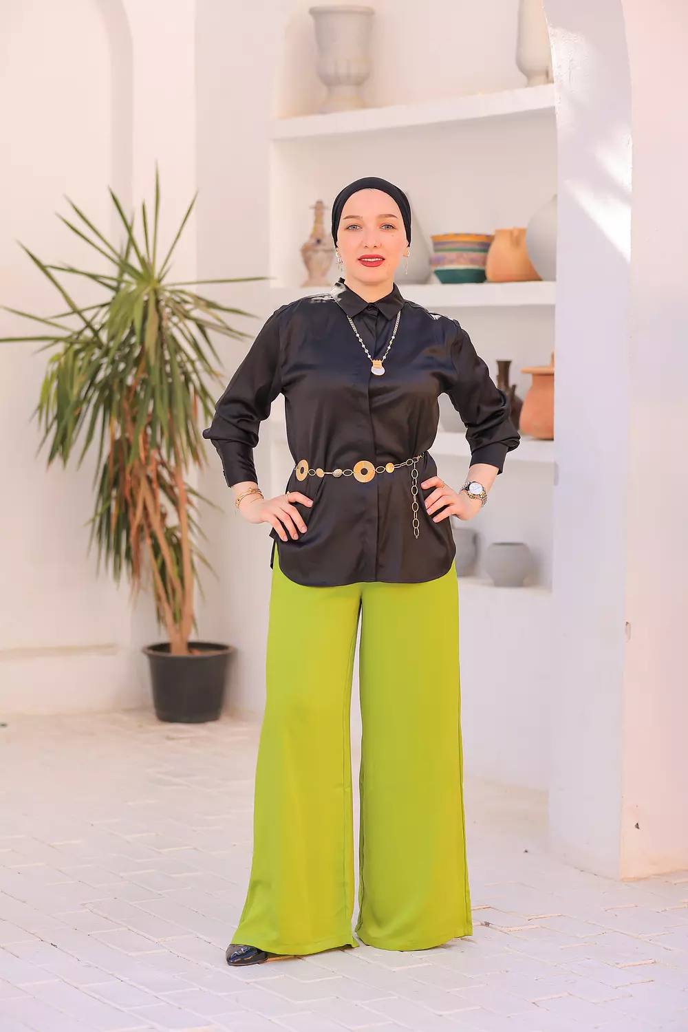 Green satin pants image